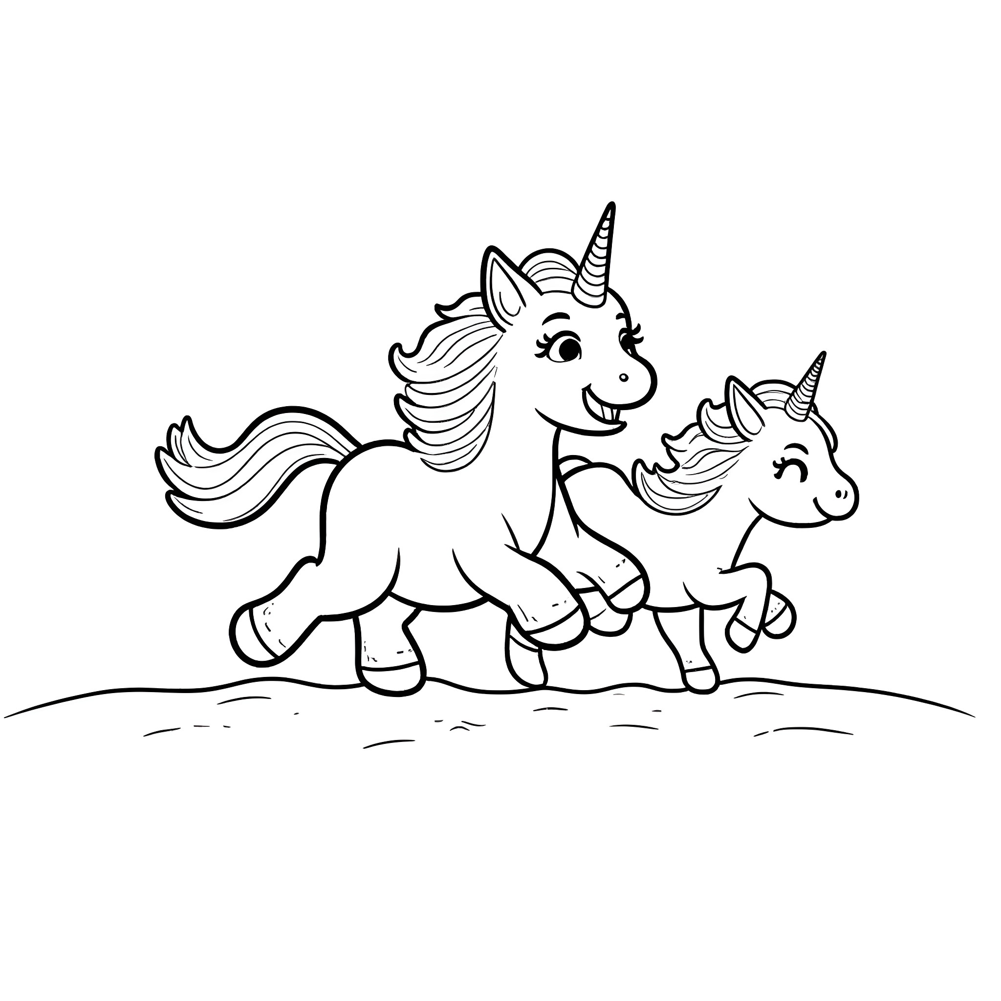 Unicorn Cats playing together Coloring Page (free black-and-white line drawing printable PDF for all, from beginners to advanced learners, including children, teens, adults, and seniors)
