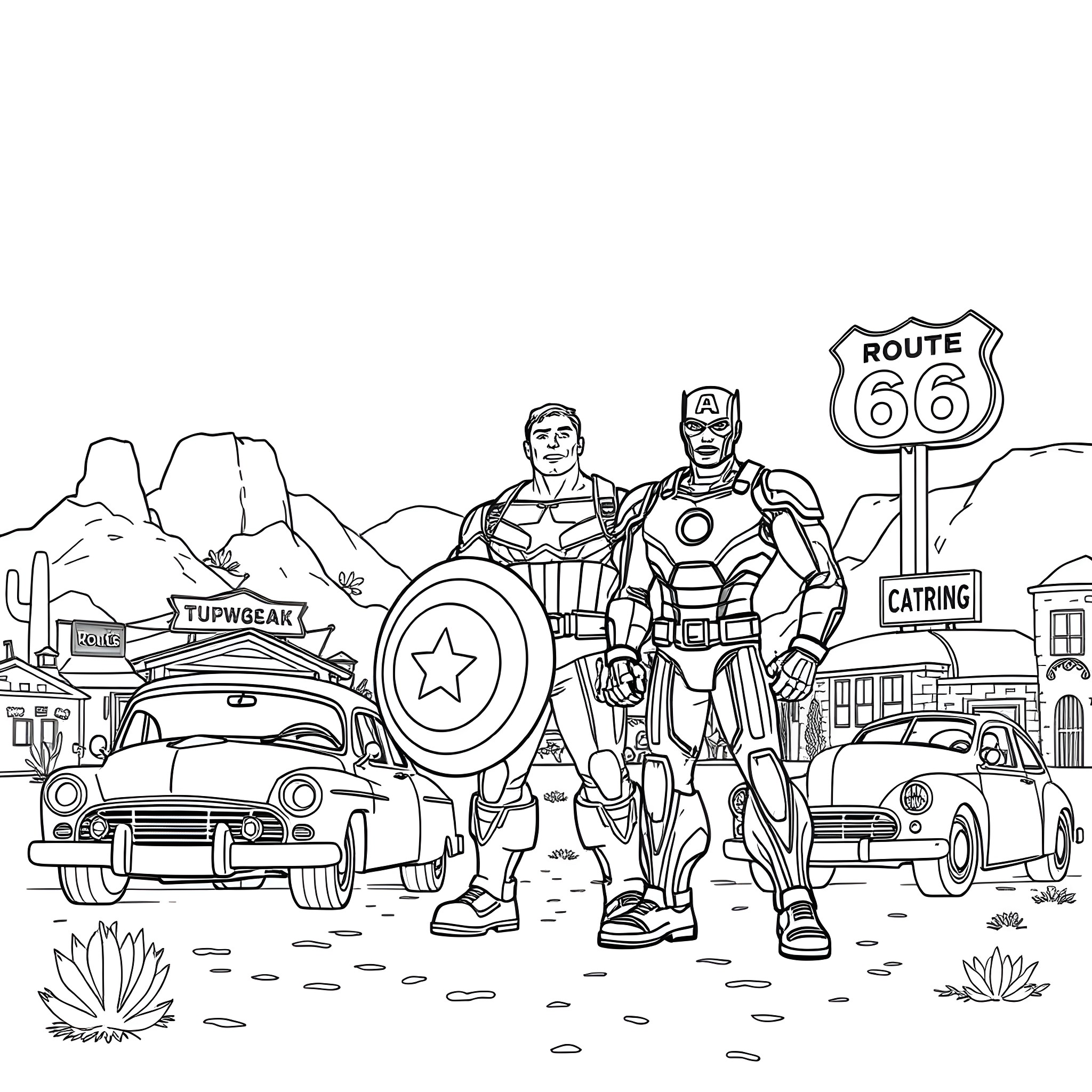 Hulk and Iron Man heroes on the Route 66 highway Coloring Page (free black-and-white line drawing printable PDF for all, from beginners to advanced learners, including children, teens, adults, and seniors)