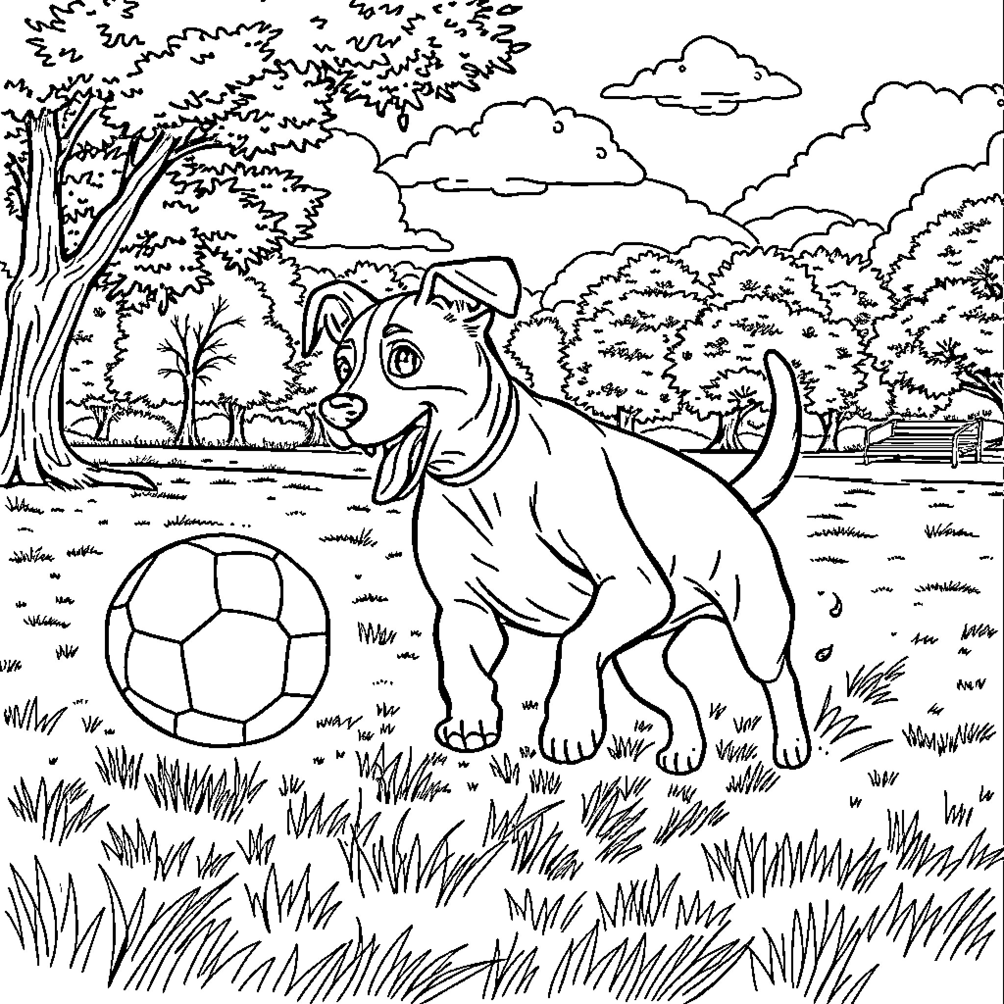 Jack Russell playfully chasing a soccer ball in nature Coloring Page (free black-and-white line drawing printable PDF for all, from beginners to advanced learners, including children, teens, adults, and seniors)