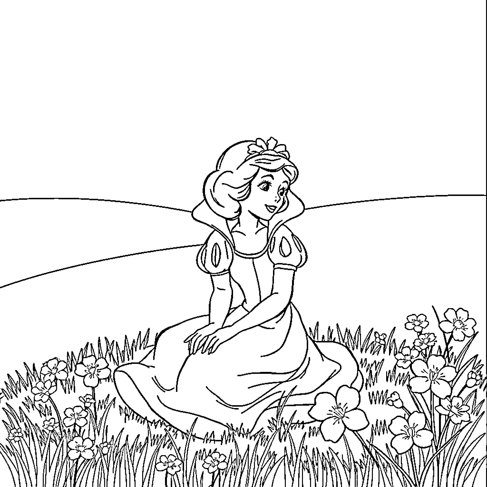 Snow White resting in a flower-filled meadow Coloring Page (free black-and-white line drawing printable PDF for all, from beginners to advanced learners, including children, teens, adults, and seniors)