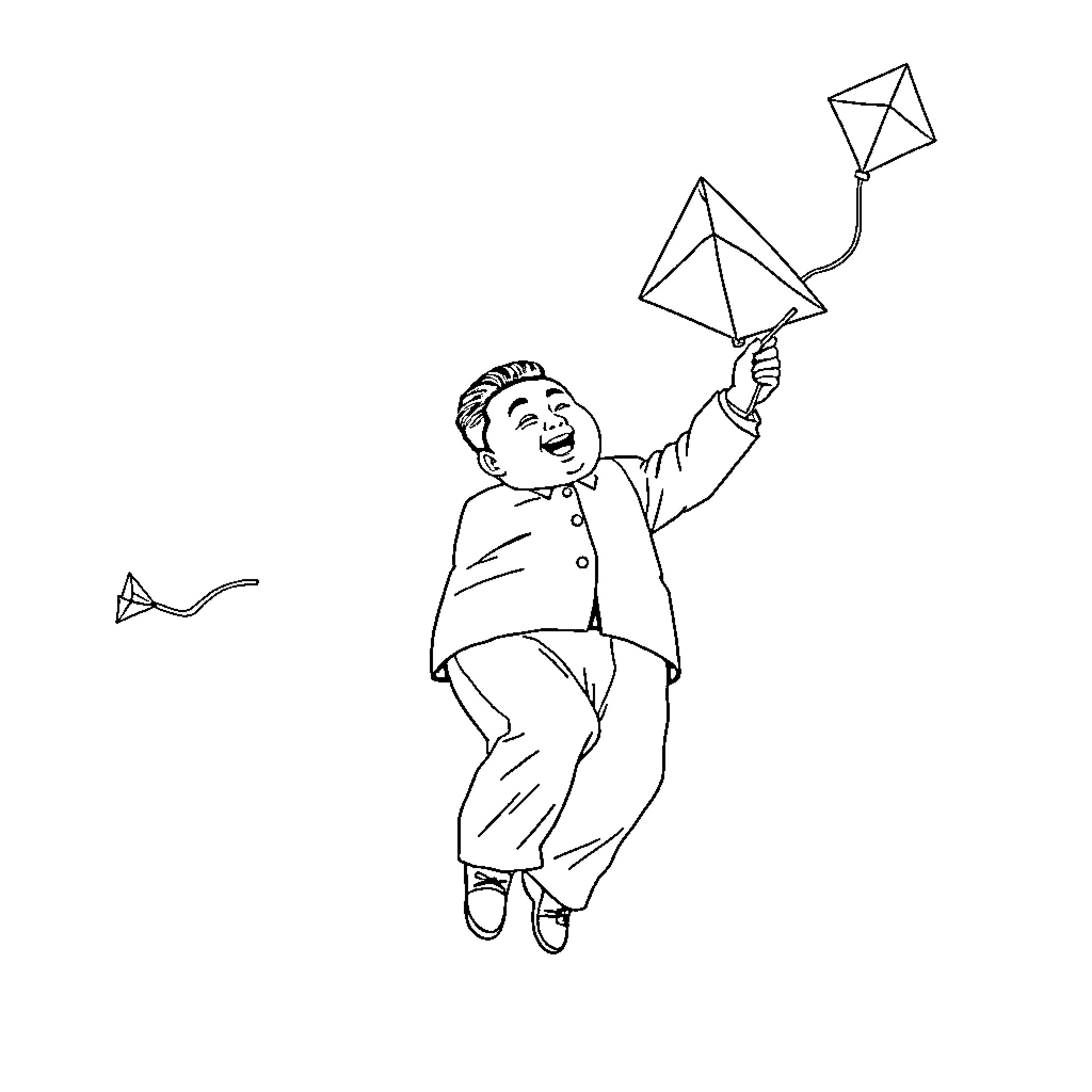 Kim Jong Un playing with kites joyfully Coloring Page (free black-and-white line drawing printable PDF for all, from beginners to advanced learners, including children, teens, adults, and seniors)