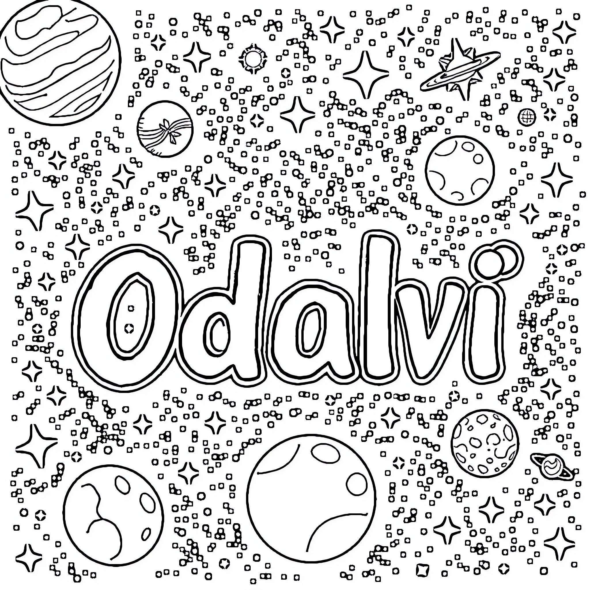 Odalvi Celestial Patterns and Cosmic Elements Coloring Page (free black-and-white line drawing printable PDF for all, from beginners to advanced learners, including children, teens, adults, and seniors)