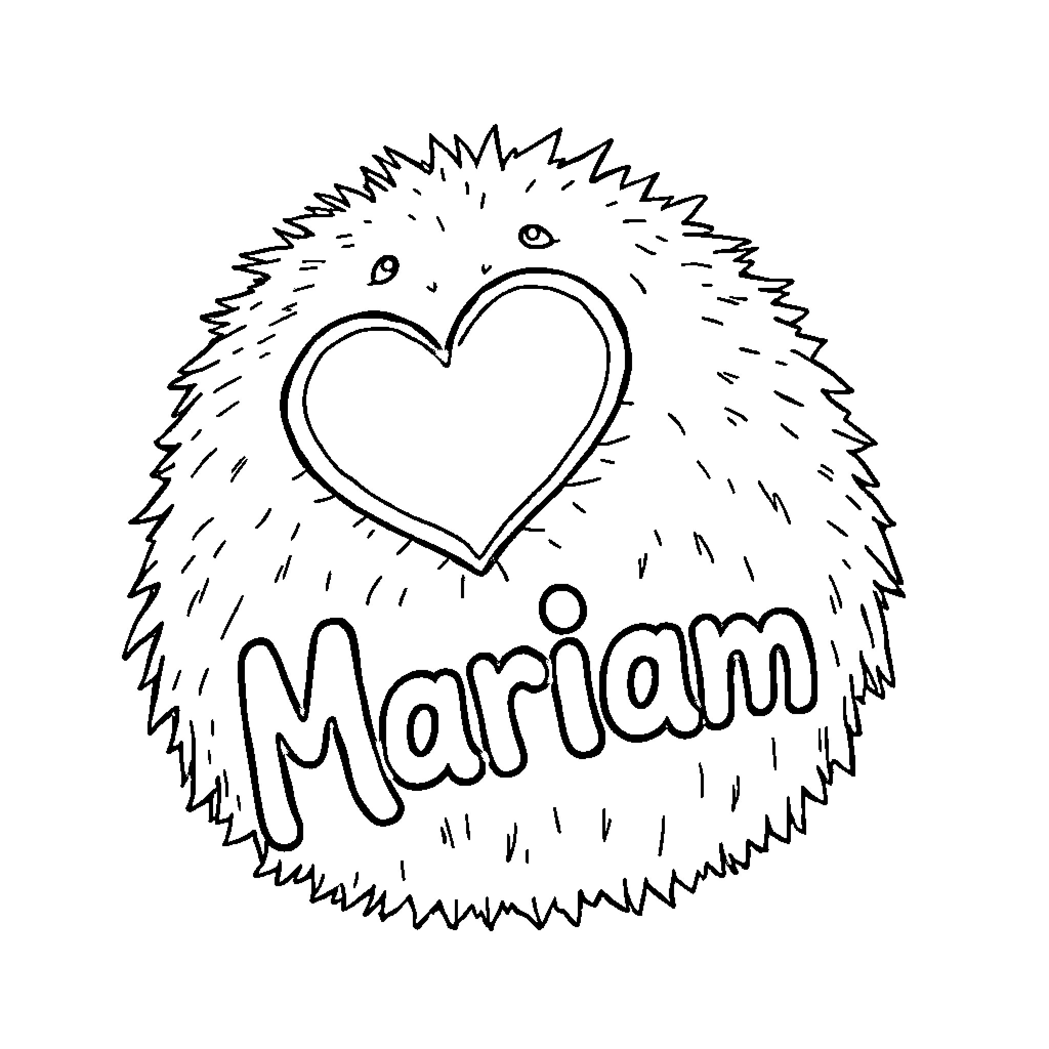 Squishy Heart-Shaped Hedgehog with Name Coloring Page (free black-and-white line drawing printable PDF for all, from beginners to advanced learners, including children, teens, adults, and seniors)