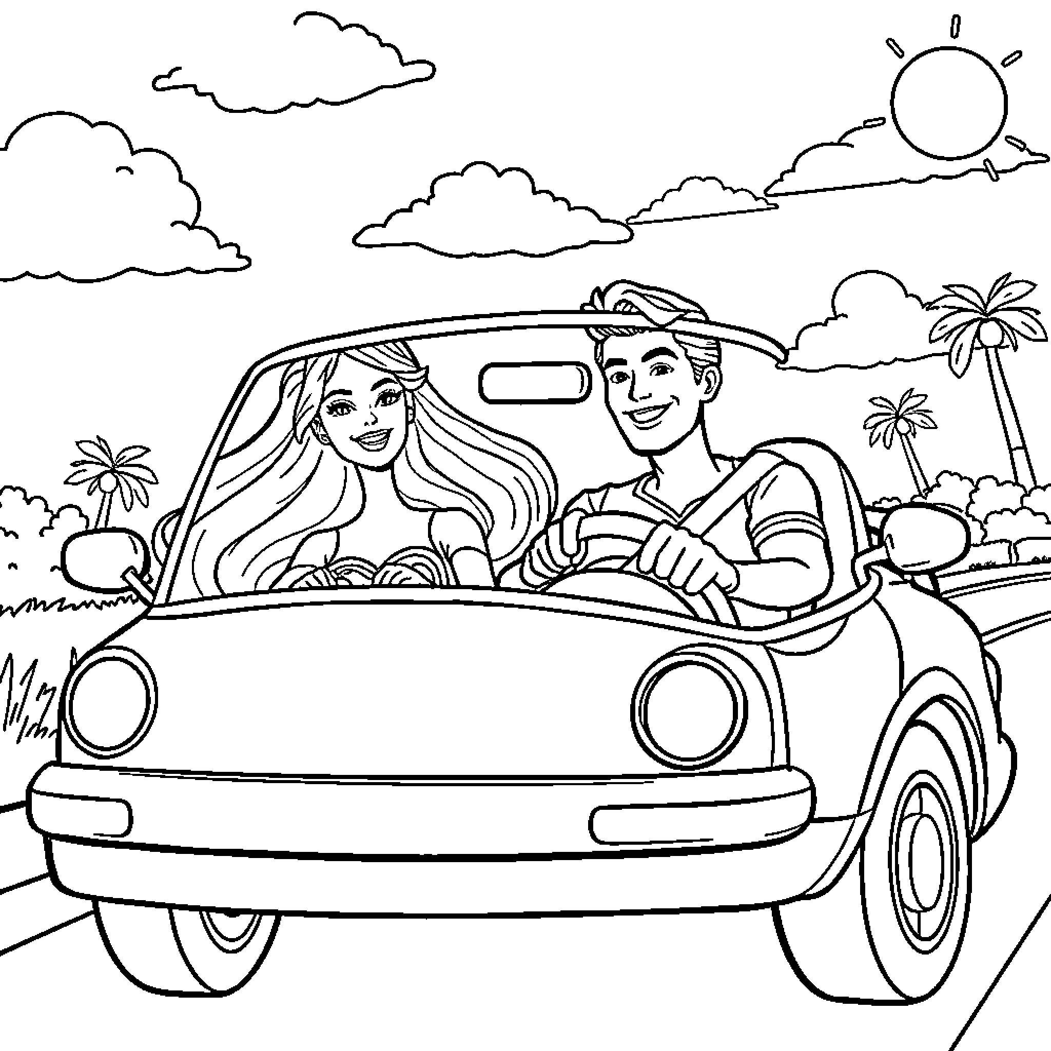 Barbie and Ken driving a car on a tropical vacation Coloring Page (free black-and-white line drawing printable PDF for all, from beginners to advanced learners, including children, teens, adults, and seniors)