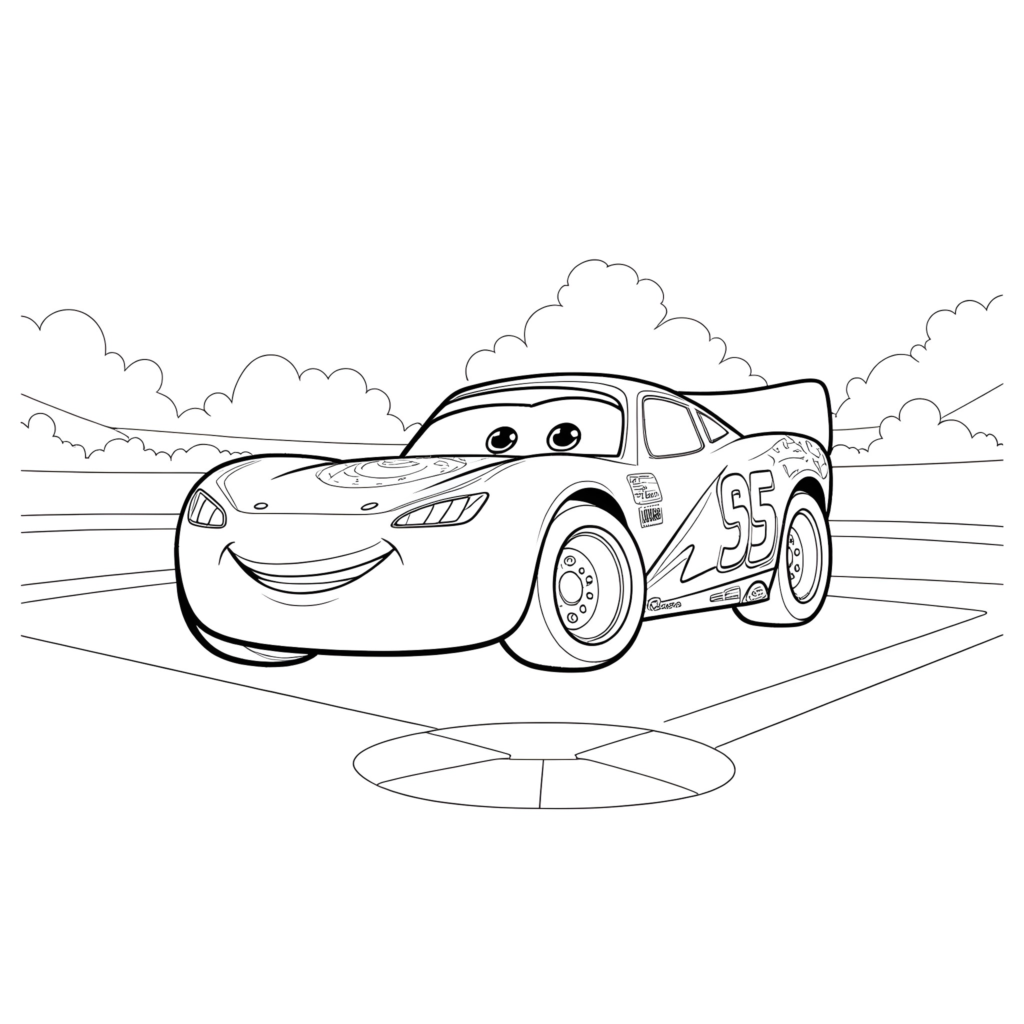 Lightning McQueen racing on the track Coloring Page (free black-and-white line drawing printable PDF for all, from beginners to advanced learners, including children, teens, adults, and seniors)