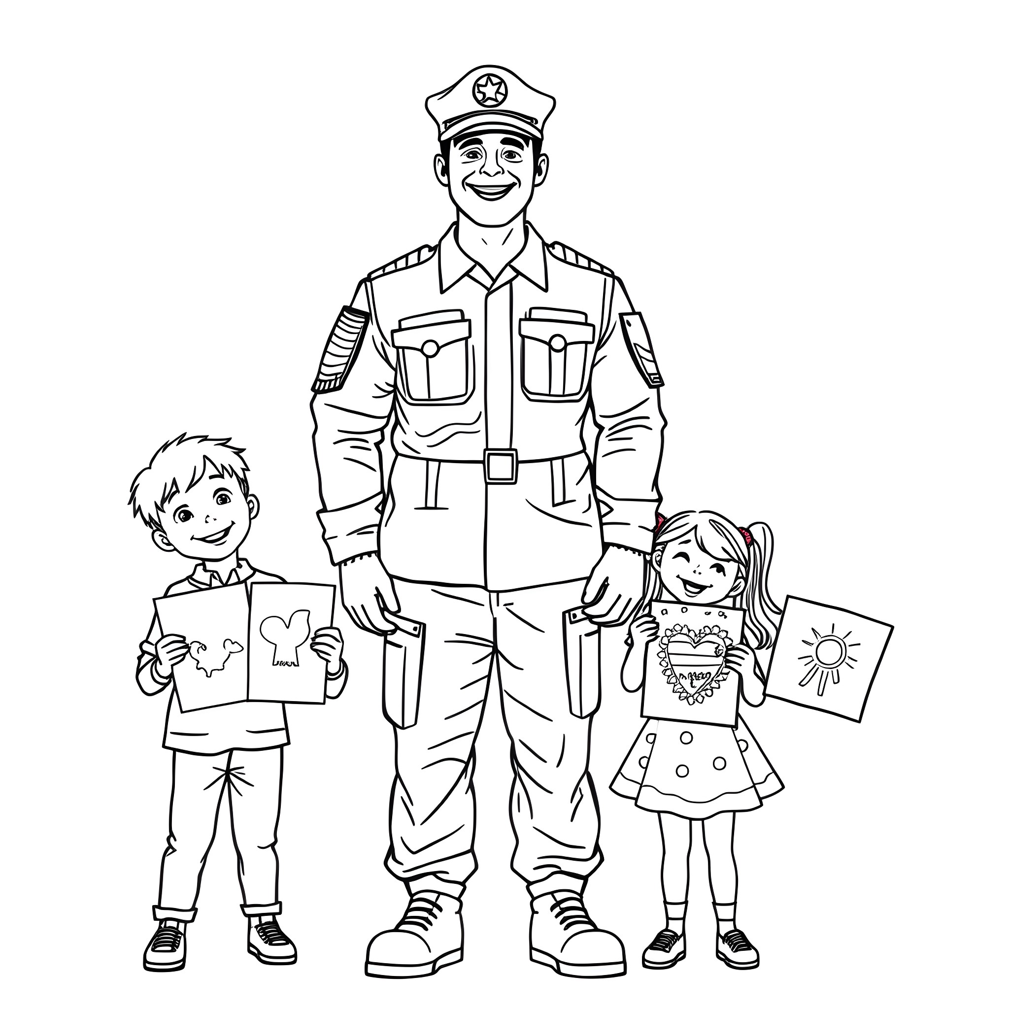 Army Dad with Cheerful Children Coloring Page (free black-and-white line drawing printable PDF for all, from beginners to advanced learners, including children, teens, adults, and seniors)