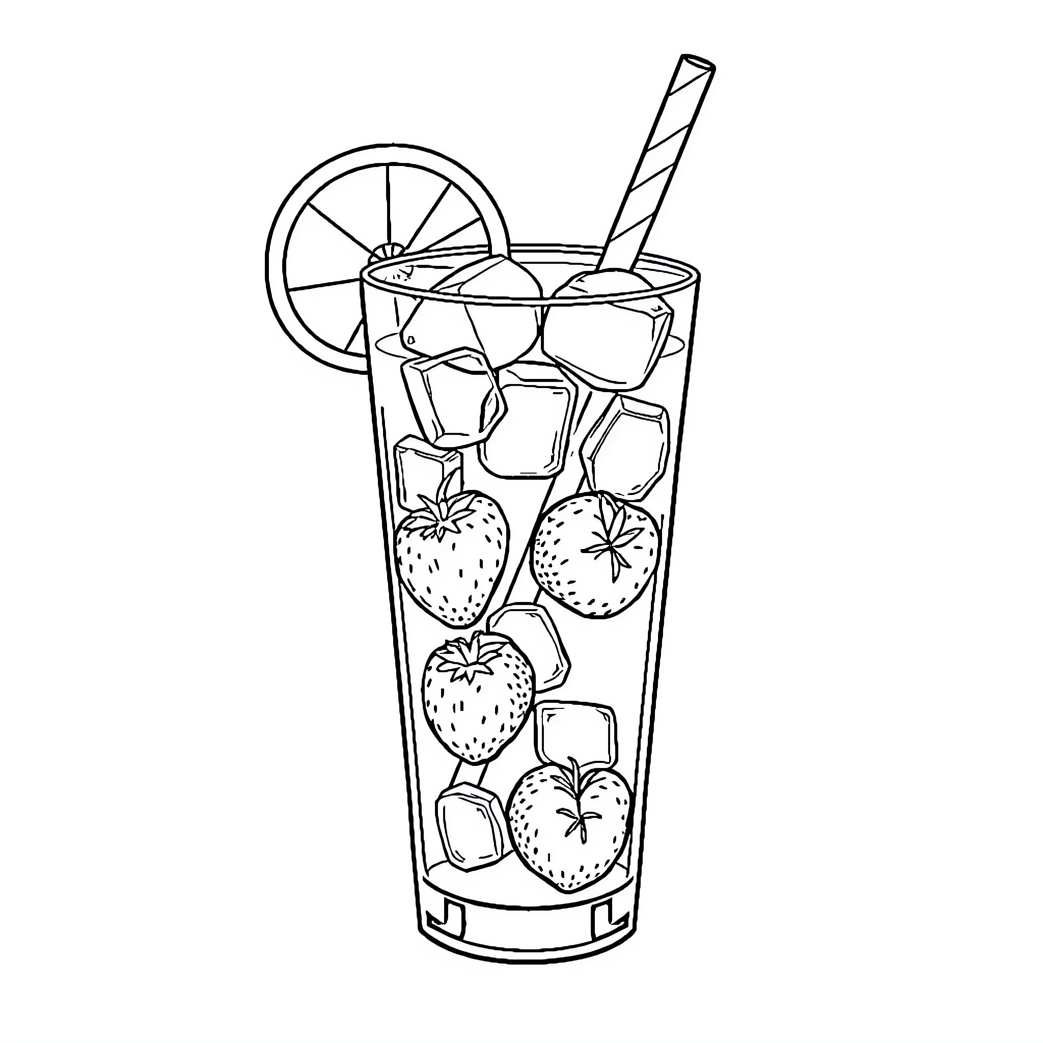 Glass of Refreshing Summer Drink with Fruits Coloring Page (free black-and-white line drawing printable PDF for all, from beginners to advanced learners, including children, teens, adults, and seniors)