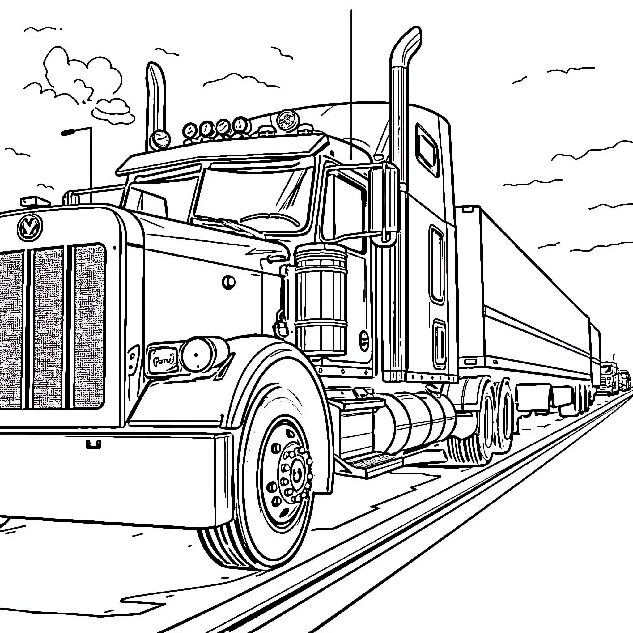 Peterbilt semi-truck hauling cargo on the road Coloring Page (free black-and-white line drawing printable PDF for all, from beginners to advanced learners, including children, teens, adults, and seniors)