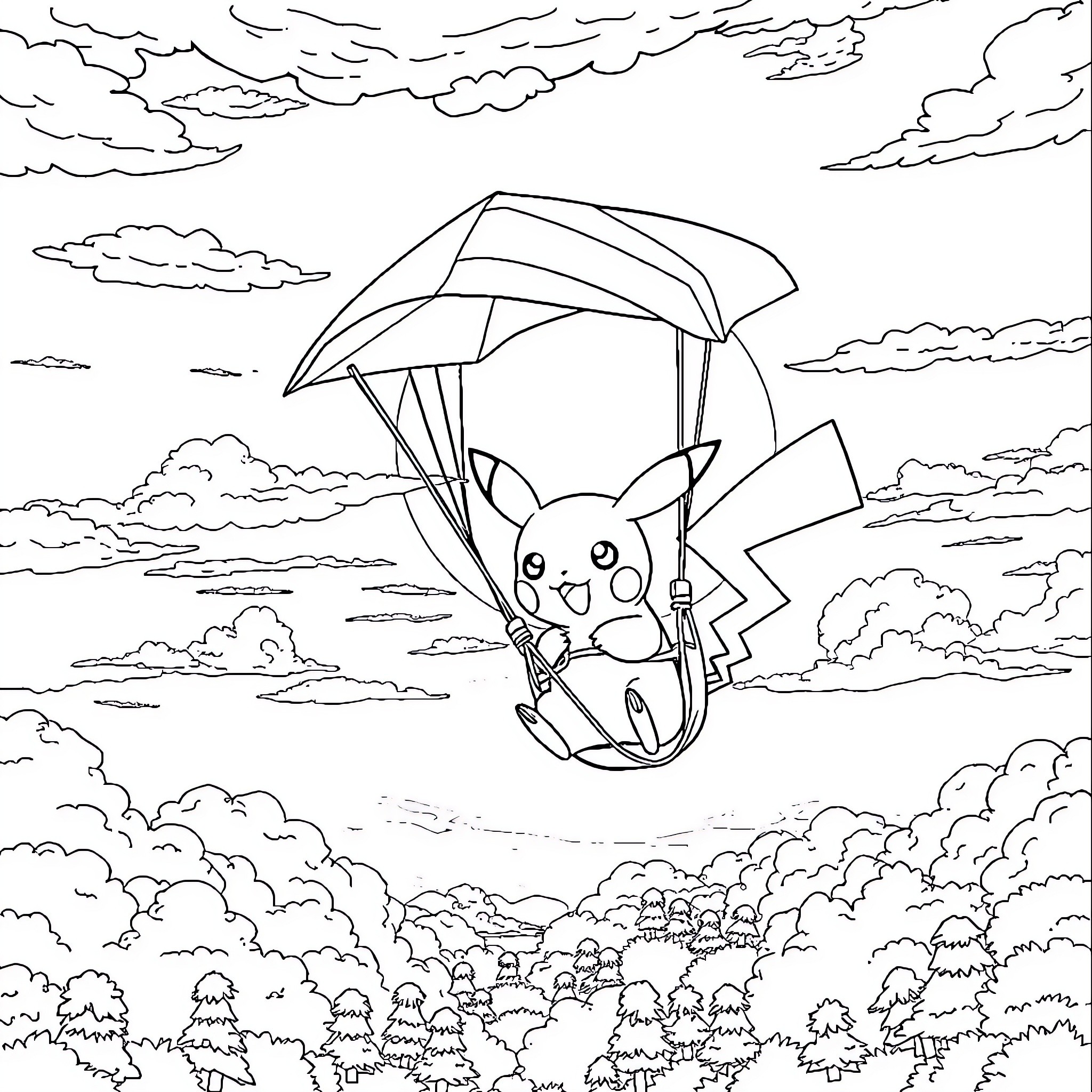 Pikachu parachuting happily in the sky Coloring Page (free black-and-white line drawing printable PDF for all, from beginners to advanced learners, including children, teens, adults, and seniors)