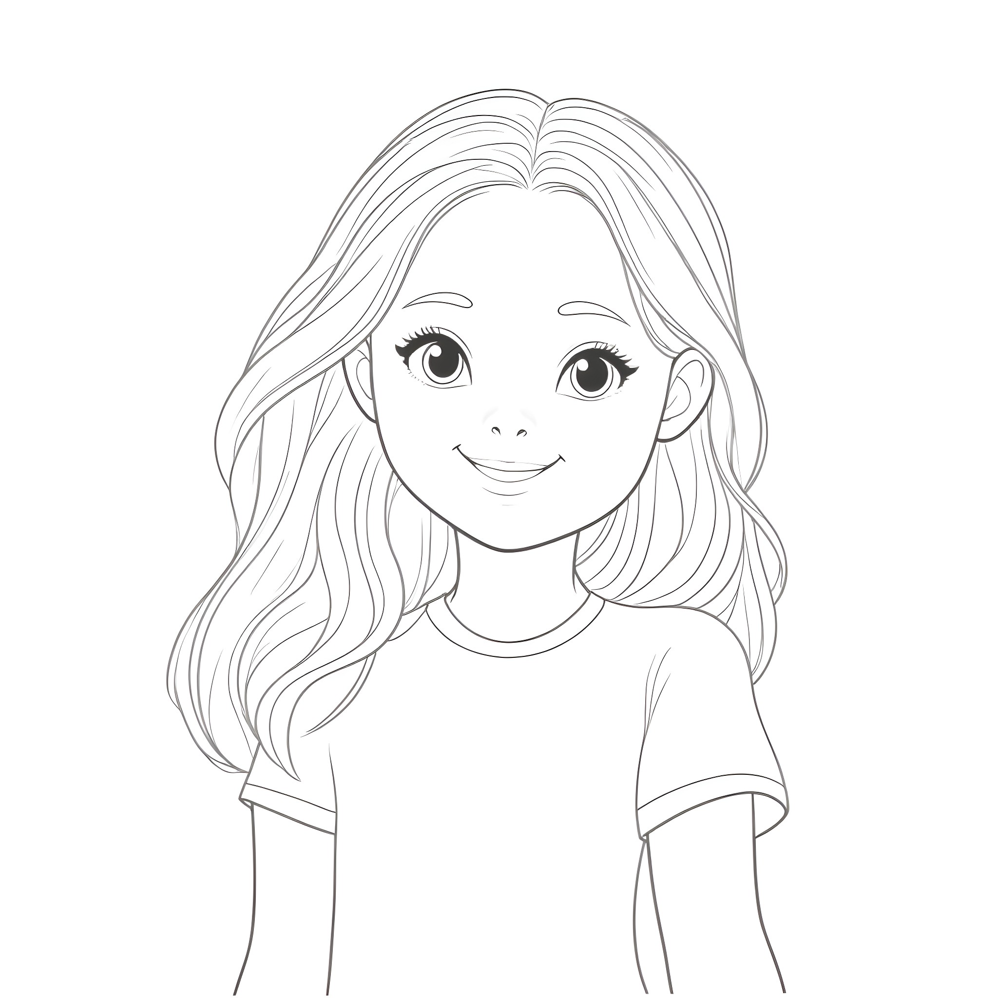 Girl with long hair smiling happily Coloring Page (free black-and-white line drawing printable PDF for all, from beginners to advanced learners, including children, teens, adults, and seniors)