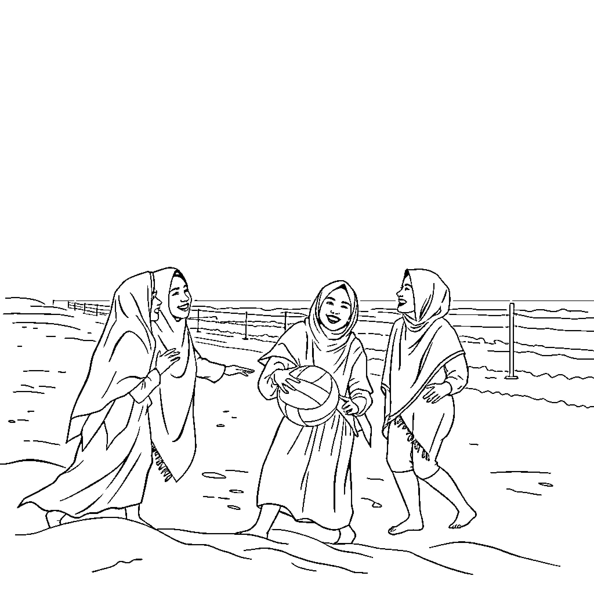 Hijabi Women Walking Together by the Beach Coloring Page (free black-and-white line drawing printable PDF for all, from beginners to advanced learners, including children, teens, adults, and seniors)