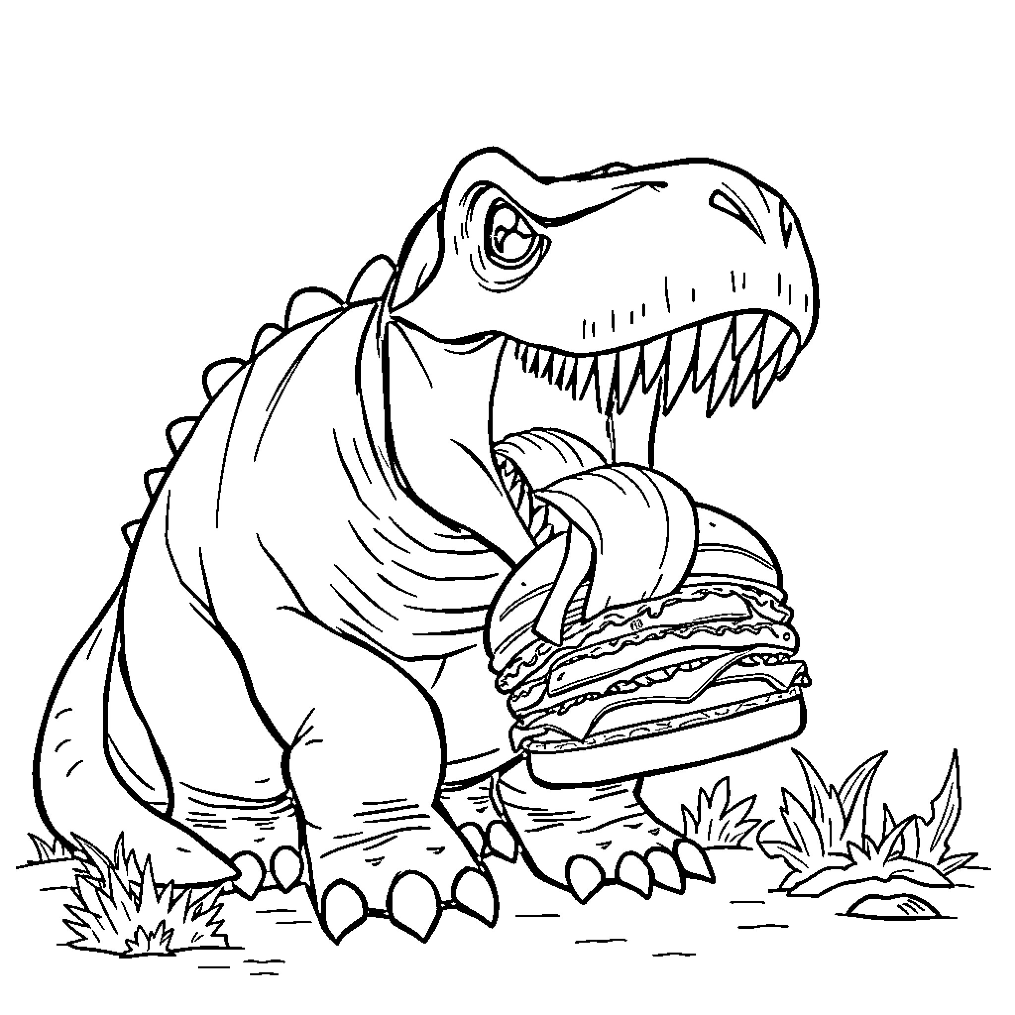 Dinosaur enjoying a giant burger in the wild Coloring Page (free black-and-white line drawing printable PDF for all, from beginners to advanced learners, including children, teens, adults, and seniors)