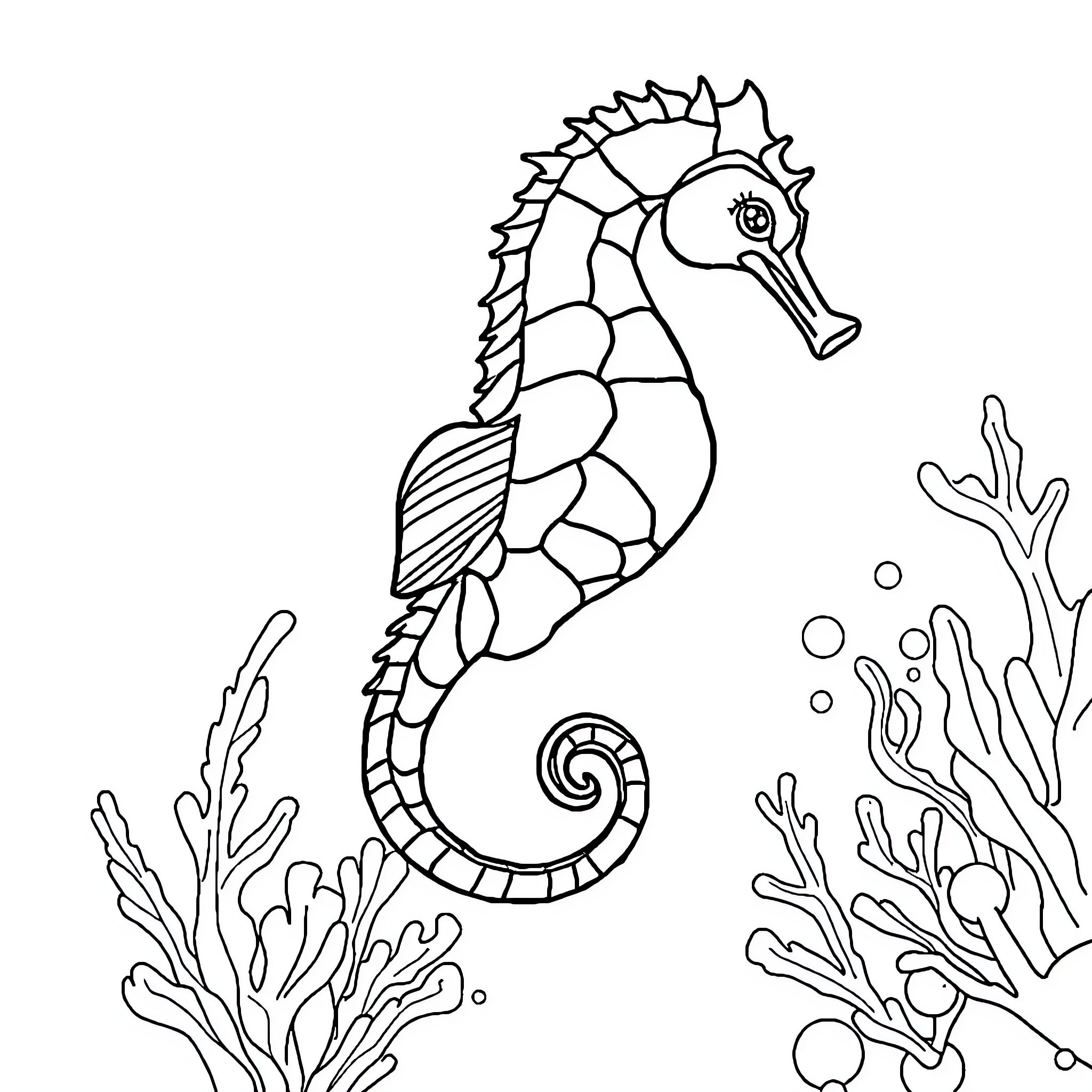 Seahorse swimming amidst underwater vegetation Coloring Page (free black-and-white line drawing printable PDF for all, from beginners to advanced learners, including children, teens, adults, and seniors)