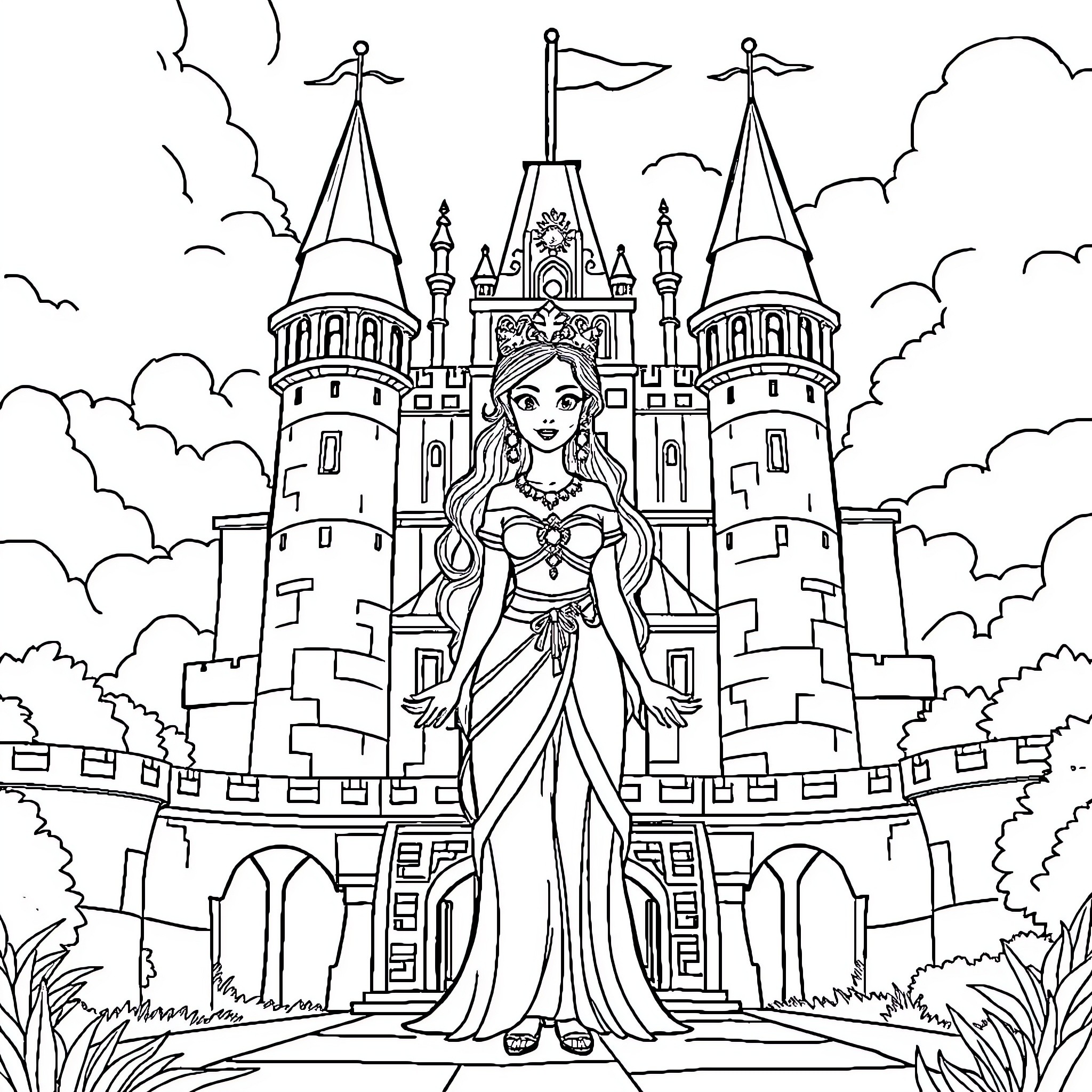 Princess in a Majestic Castle Courtyard Coloring Page (free black-and-white line drawing printable PDF for all, from beginners to advanced learners, including children, teens, adults, and seniors)