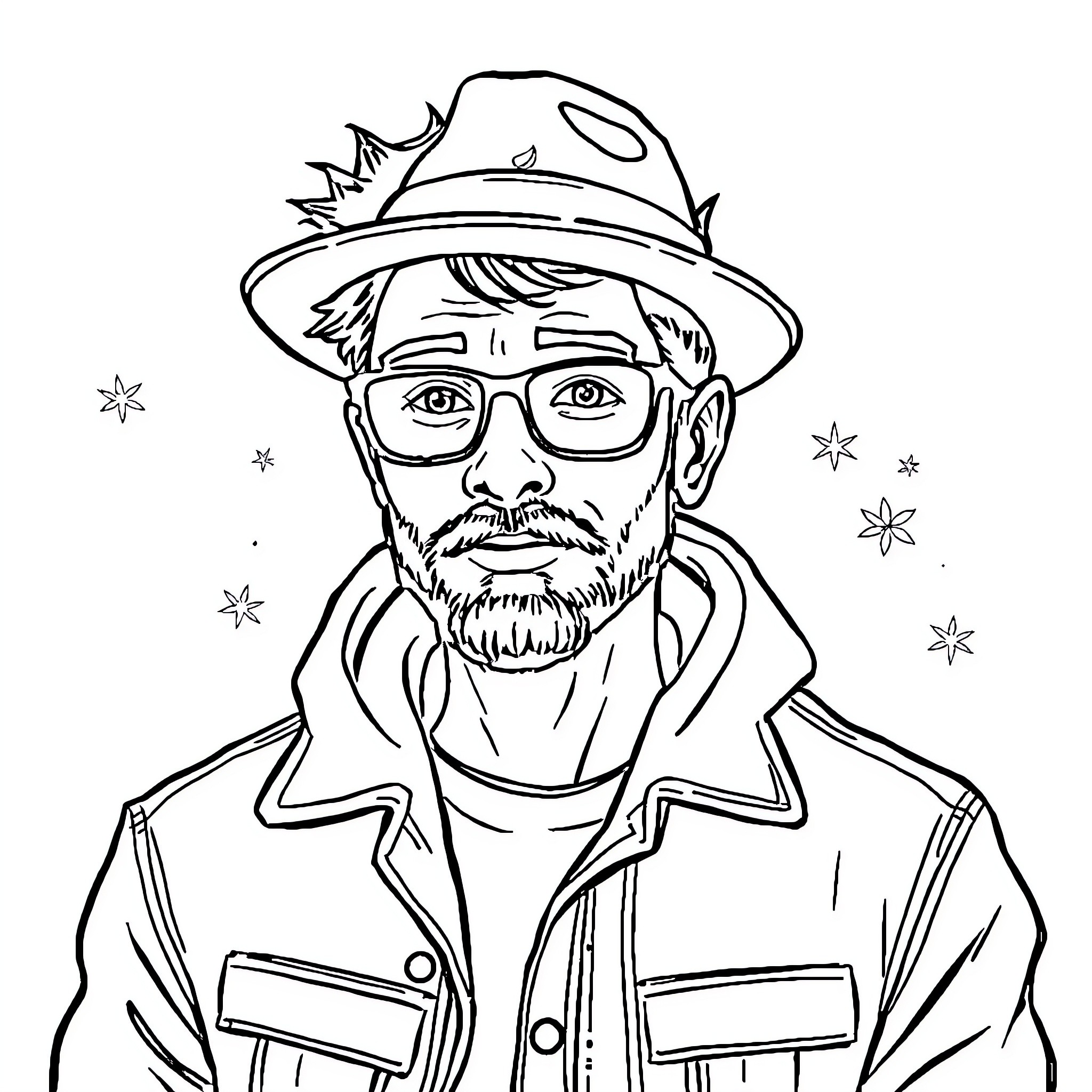 Adult man in outdoor gear with glasses and beard Coloring Page (free black-and-white line drawing printable PDF for all, from beginners to advanced learners, including children, teens, adults, and seniors)