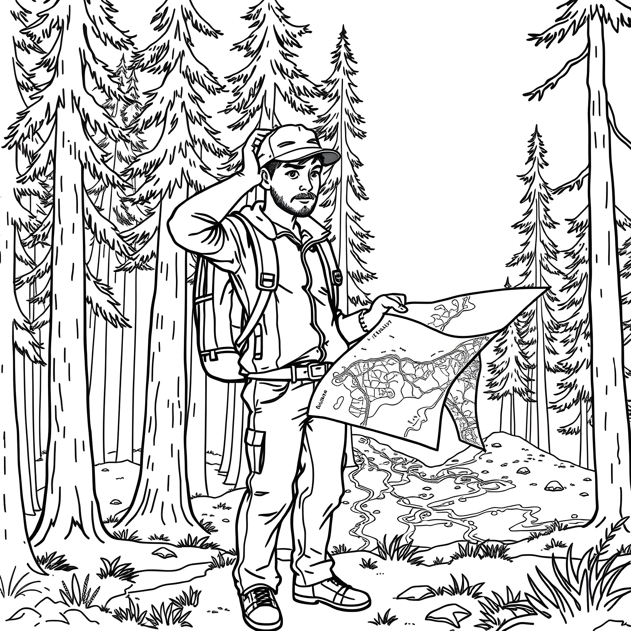 Person exploring the forest with map Coloring Page (free black-and-white line drawing printable PDF for all, from beginners to advanced learners, including children, teens, adults, and seniors)