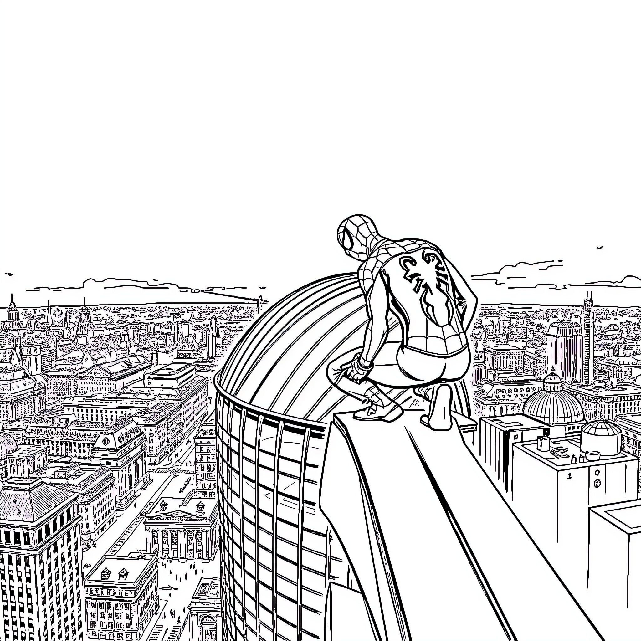 Spiderman swinging over the cityscape Coloring Page (free black-and-white line drawing printable PDF for all, from beginners to advanced learners, including children, teens, adults, and seniors)