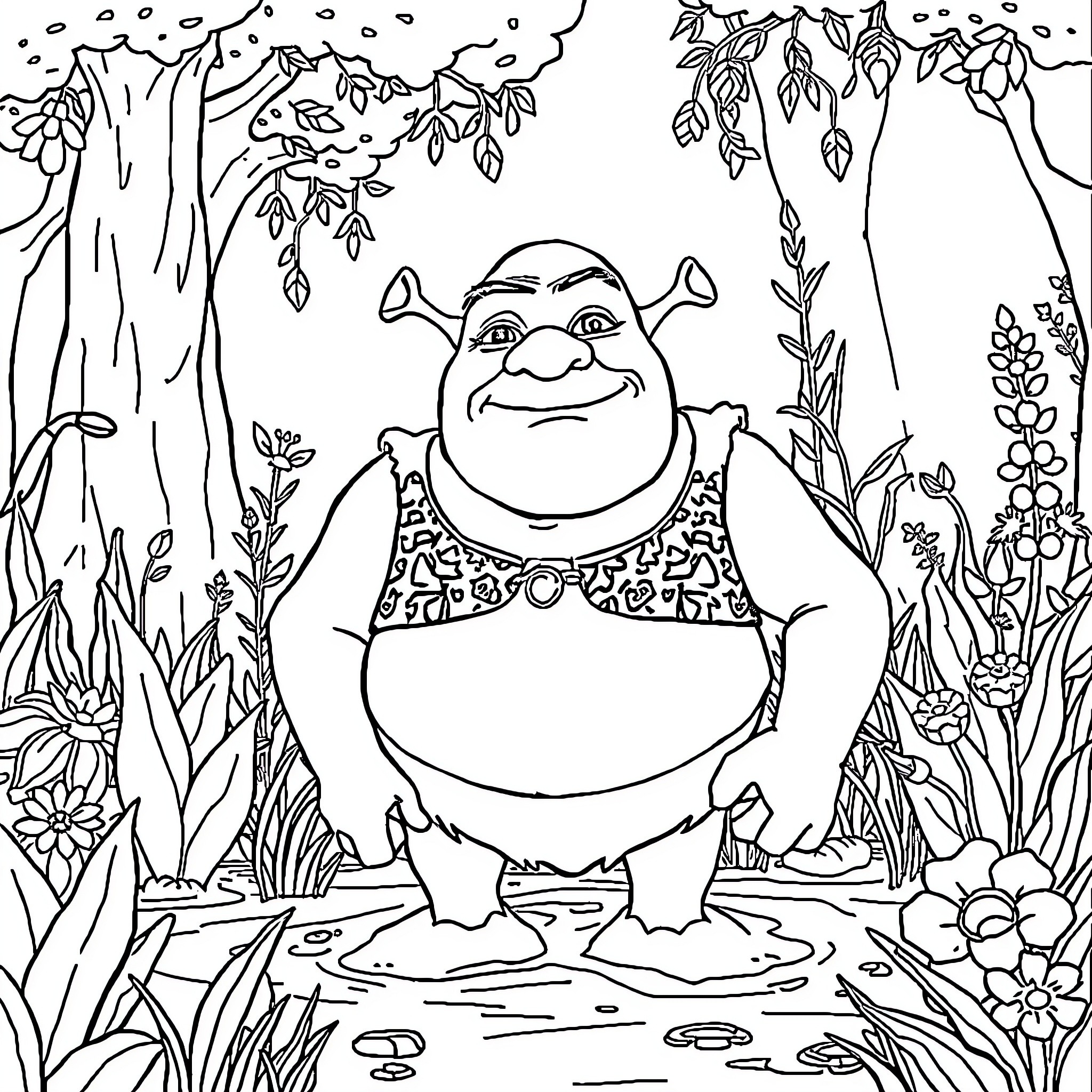 Shrek relaxing in a serene forest Coloring Page (free black-and-white line drawing printable PDF for all, from beginners to advanced learners, including children, teens, adults, and seniors)
