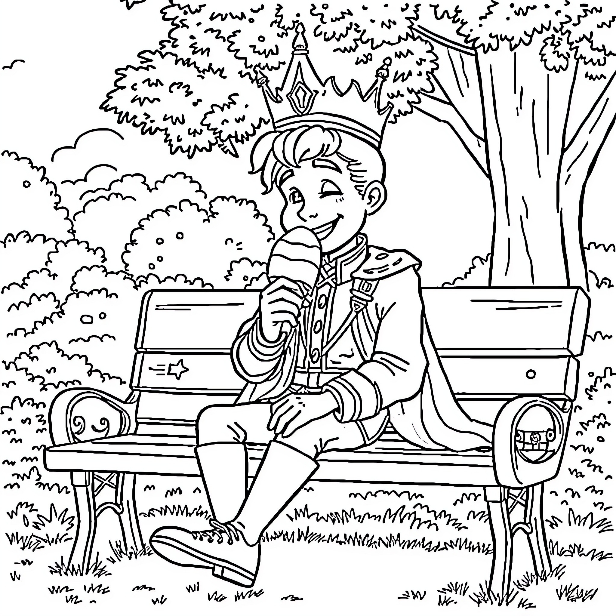 Prince sitting on a bench in the park Coloring Page (free black-and-white line drawing printable PDF for all, from beginners to advanced learners, including children, teens, adults, and seniors)