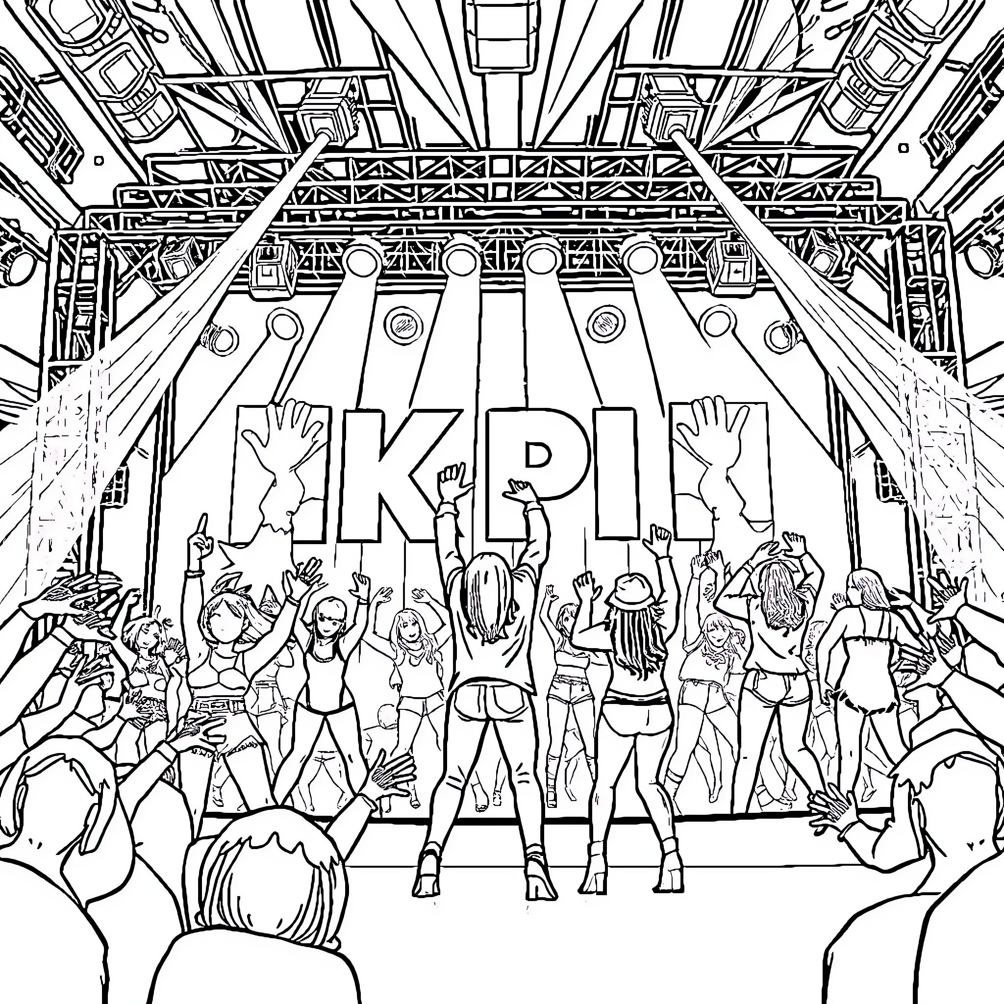 Kpop Concert Stage with Energetic Performers Coloring Page (free black-and-white line drawing printable PDF for all, from beginners to advanced learners, including children, teens, adults, and seniors)