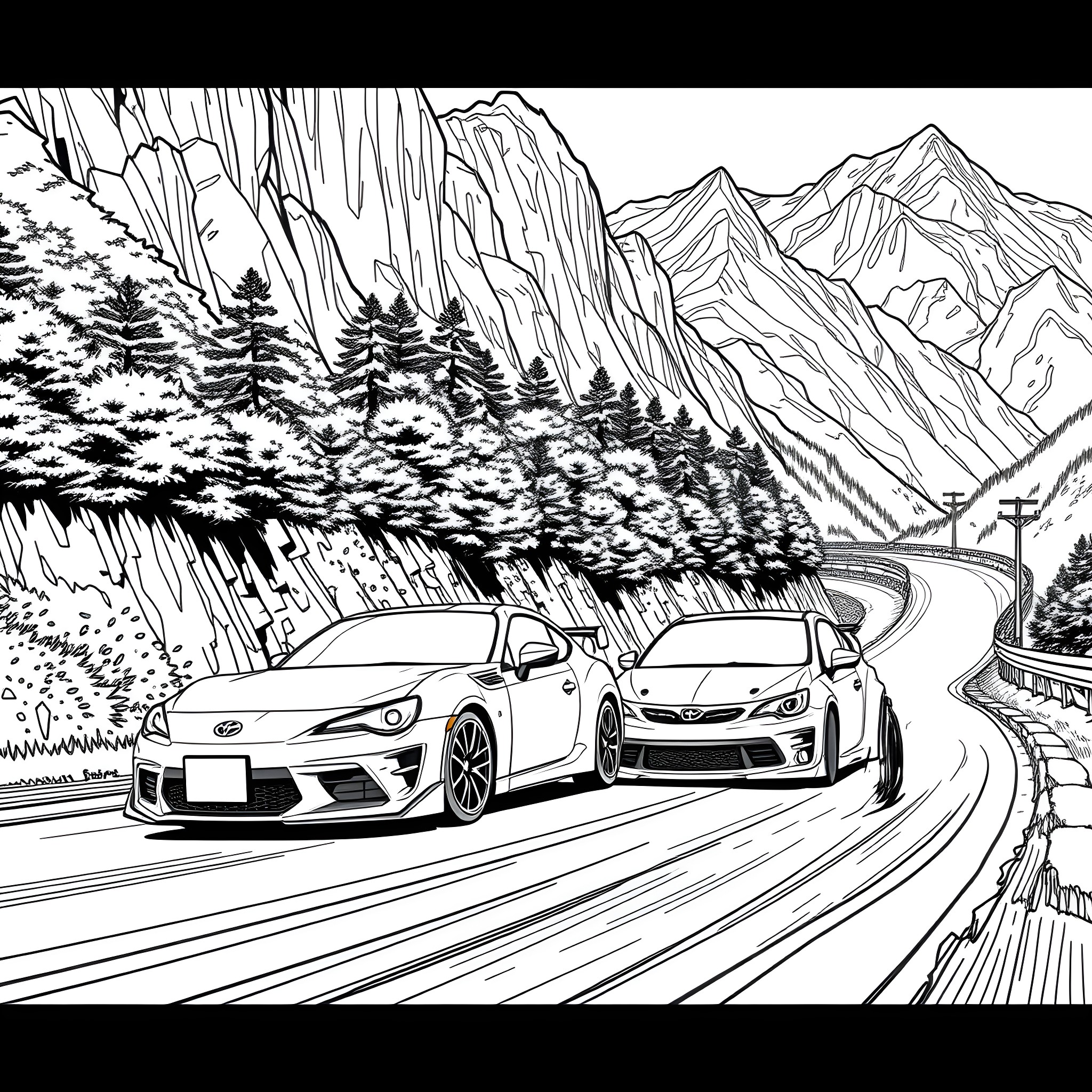 Drifting Cars in Winding Mountain Road Coloring Page (free black-and-white line drawing printable PDF for all, from beginners to advanced learners, including children, teens, adults, and seniors)