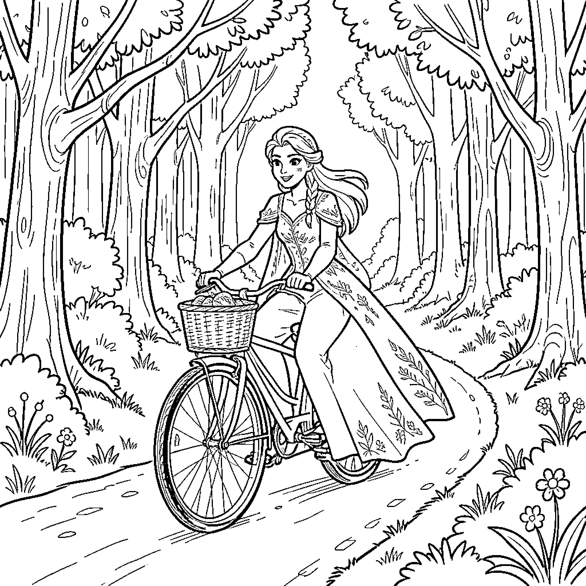 Snow Queen riding a bicycle through a forest Coloring Page (free black-and-white line drawing printable PDF for all, from beginners to advanced learners, including children, teens, adults, and seniors)