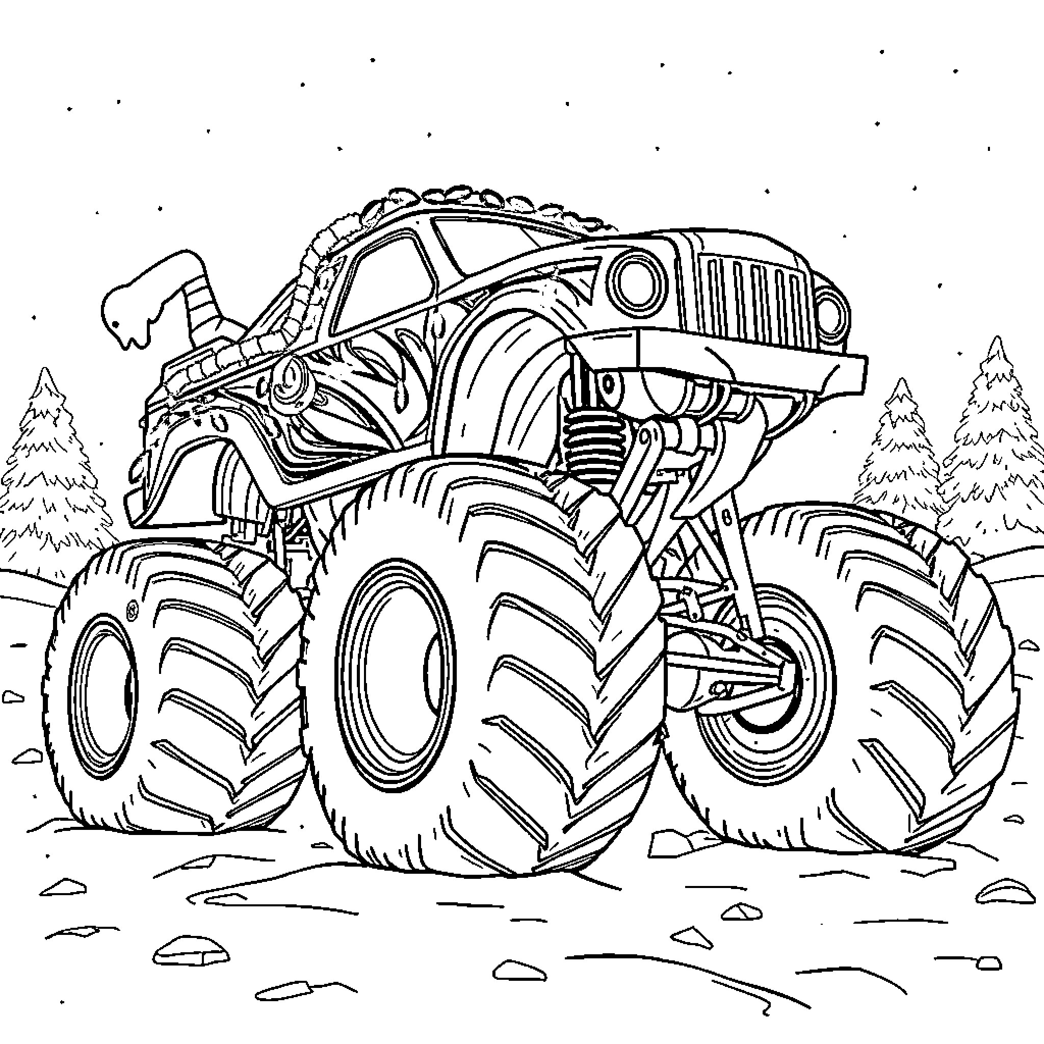 Gravedigger monster truck crushing through rugged terrain Coloring Page (free black-and-white line drawing printable PDF for all, from beginners to advanced learners, including children, teens, adults, and seniors)