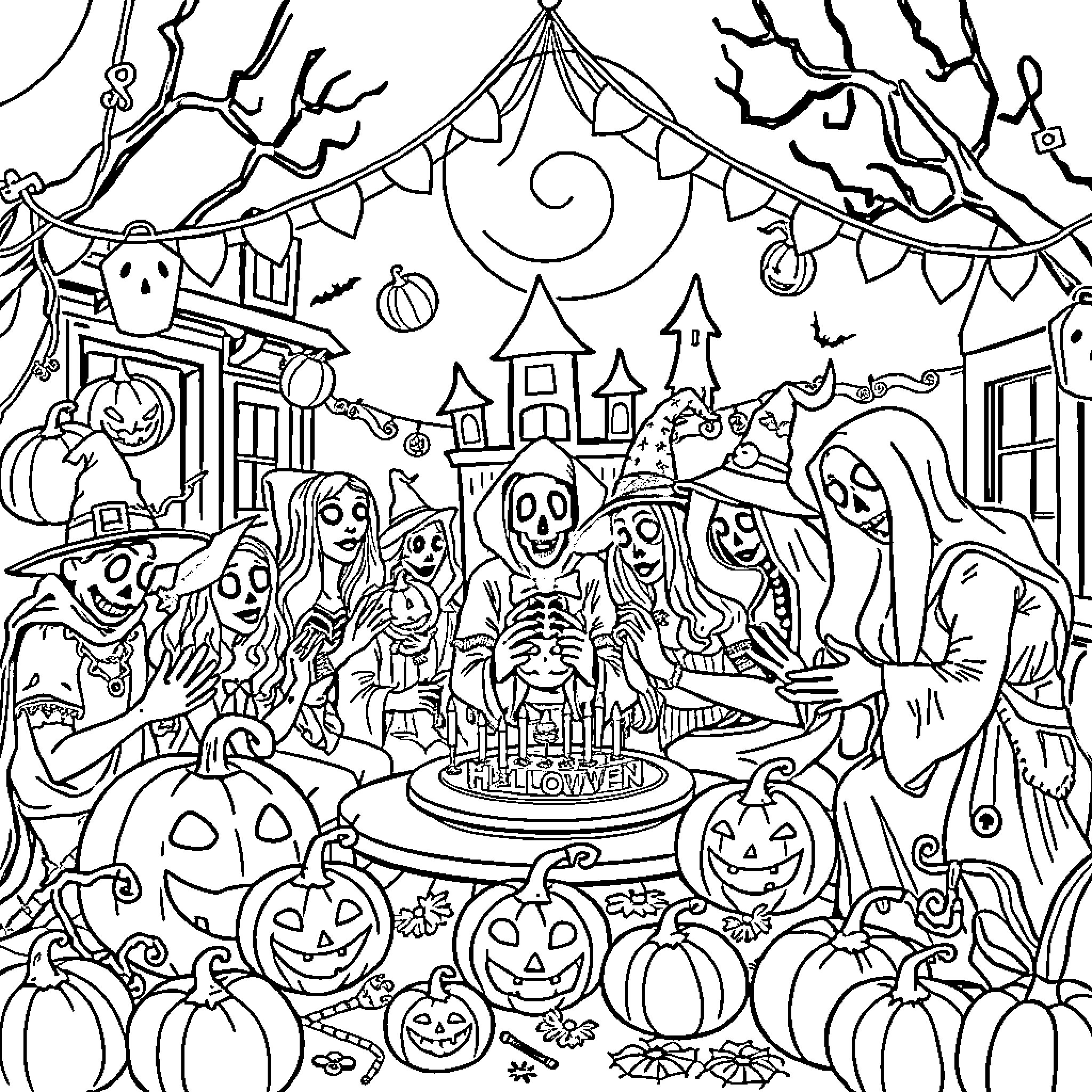 Halloween Party with Festive Decorations and Costumed Characters Coloring Page (free black-and-white line drawing printable PDF for all, from beginners to advanced learners, including children, teens, adults, and seniors)