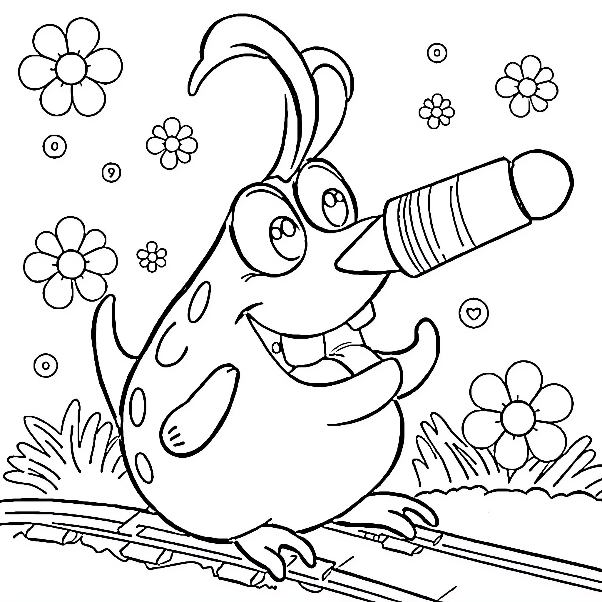 Salamander joyfully coloring with a flower in nature Coloring Page (free black-and-white line drawing printable PDF for all, from beginners to advanced learners, including children, teens, adults, and seniors)