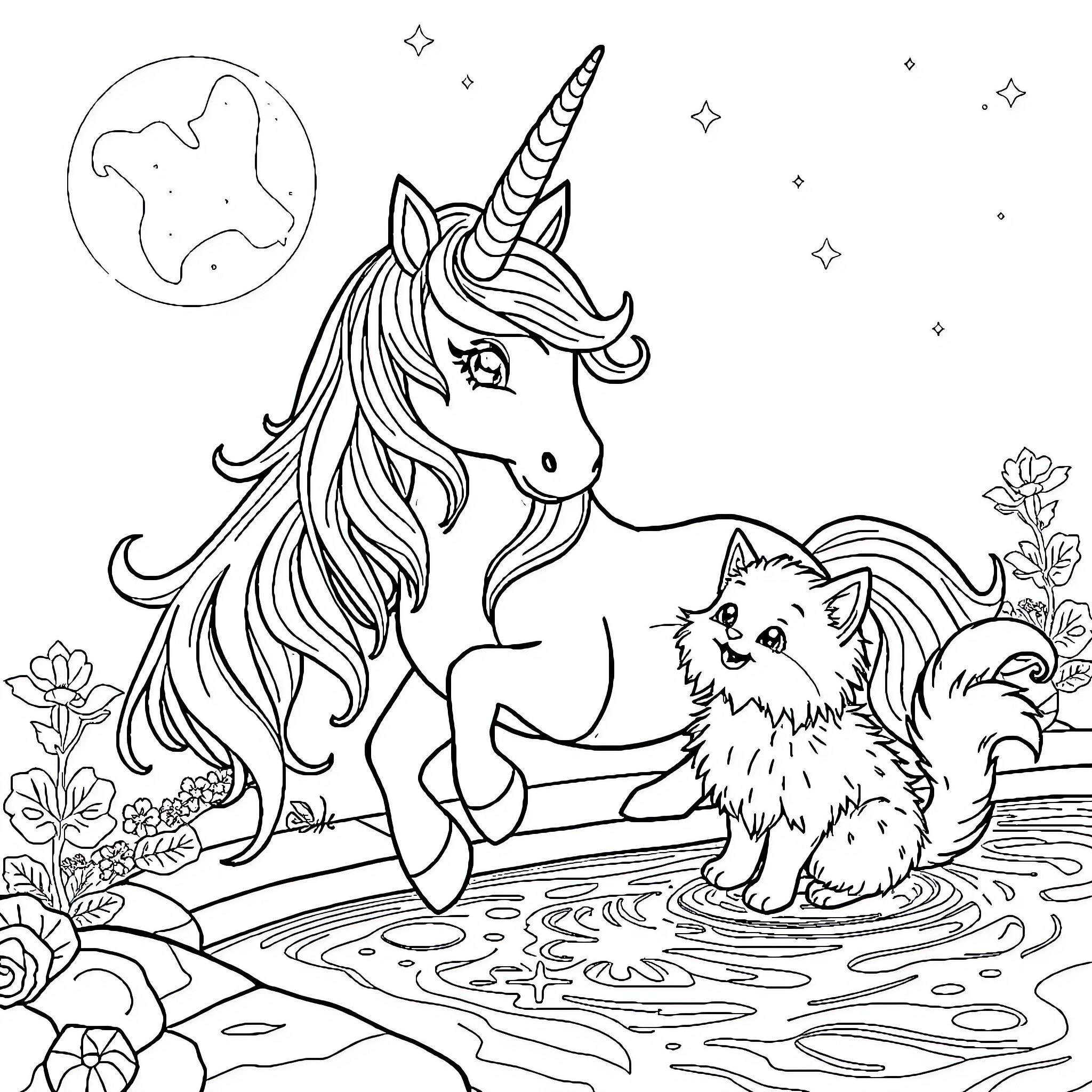 Unicorn and Kitten in a Magical Scene Coloring Page (free black-and-white line drawing printable PDF for all, from beginners to advanced learners, including children, teens, adults, and seniors)