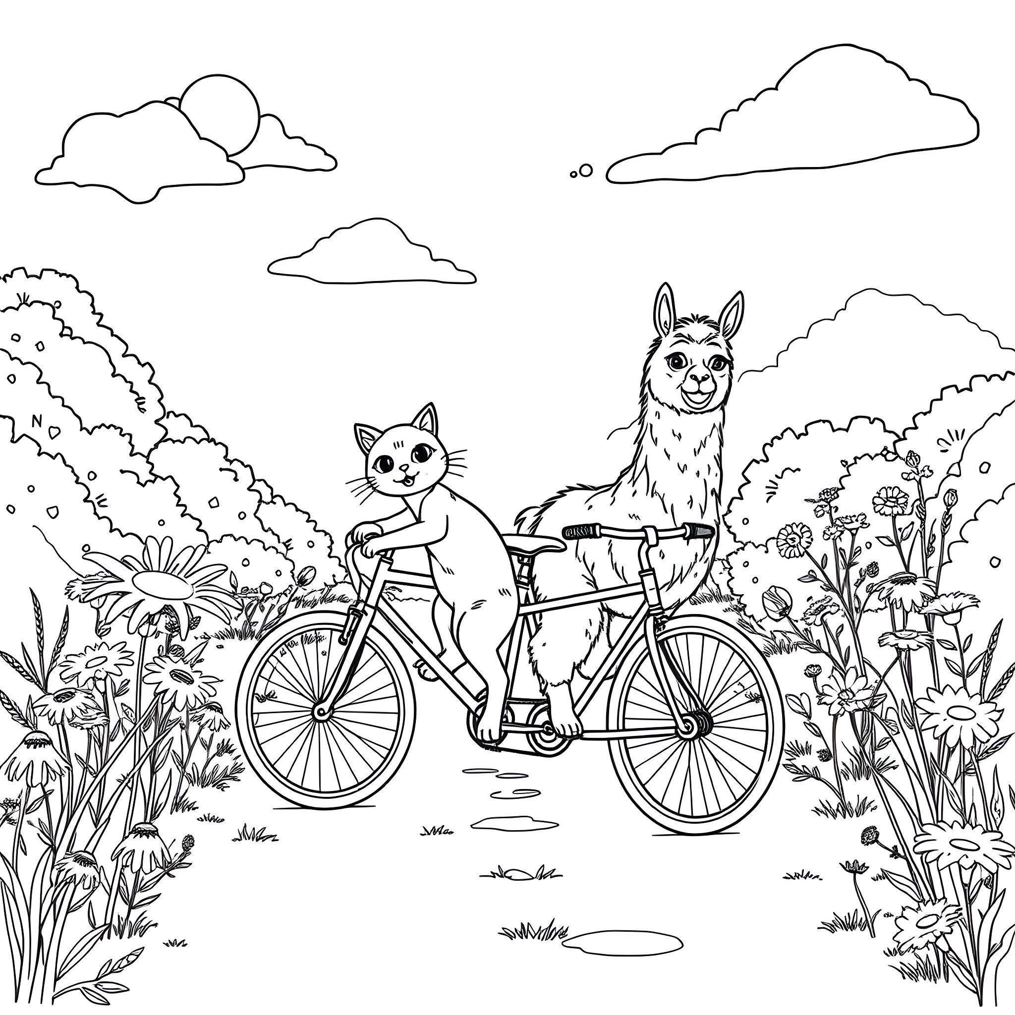 Cat and Llama Cycling Through Lush Landscape Coloring Page (free black-and-white line drawing printable PDF for all, from beginners to advanced learners, including children, teens, adults, and seniors)