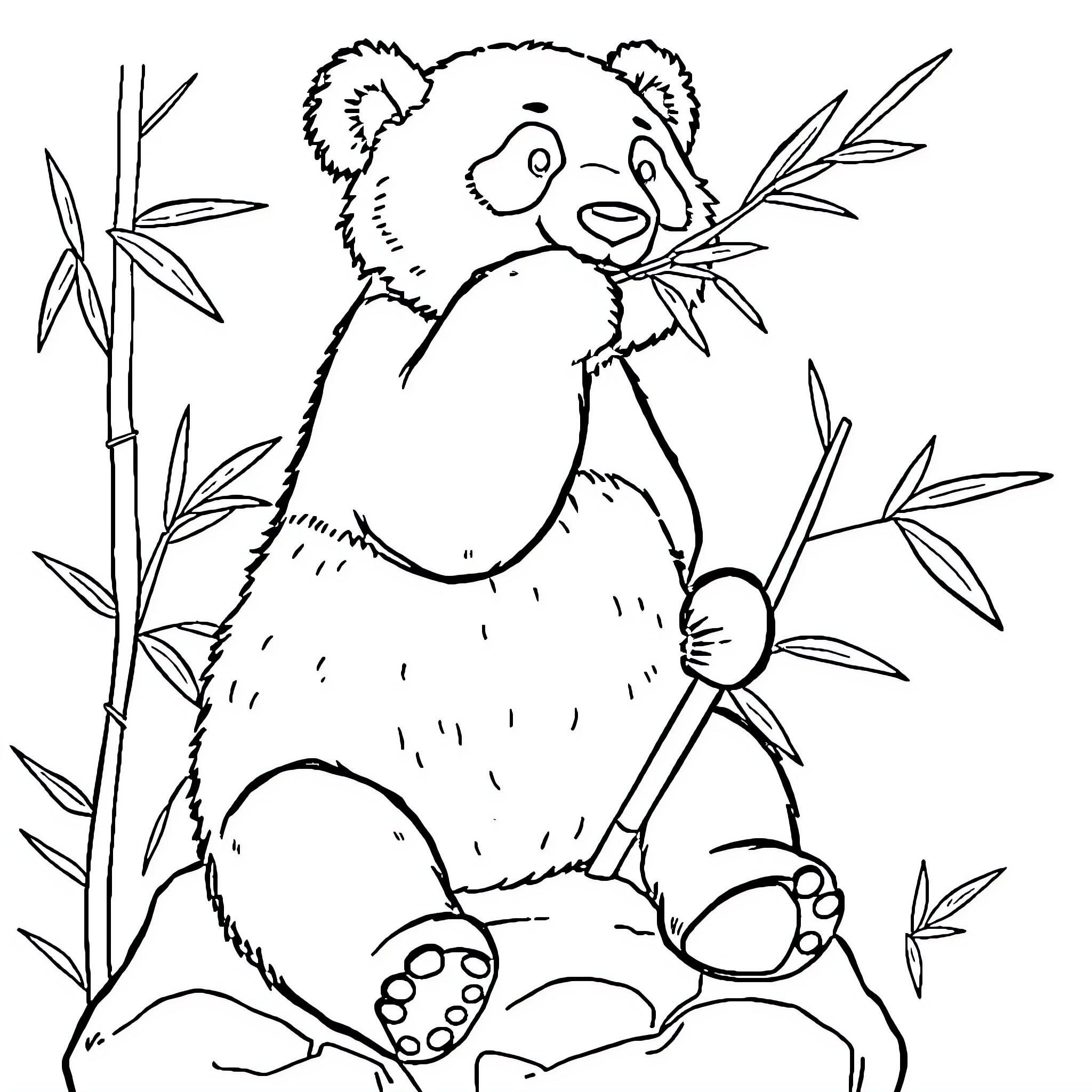 Panda resting peacefully in bamboo forest Coloring Page (free black-and-white line drawing printable PDF for all, from beginners to advanced learners, including children, teens, adults, and seniors)
