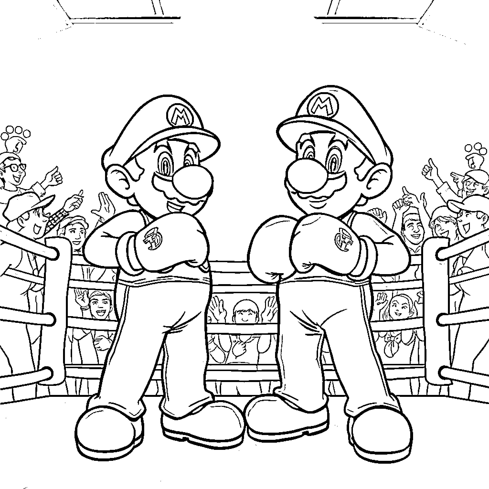 Mario Brothers Facing Off in Wrestling Ring Coloring Page (free black-and-white line drawing printable PDF for all, from beginners to advanced learners, including children, teens, adults, and seniors)