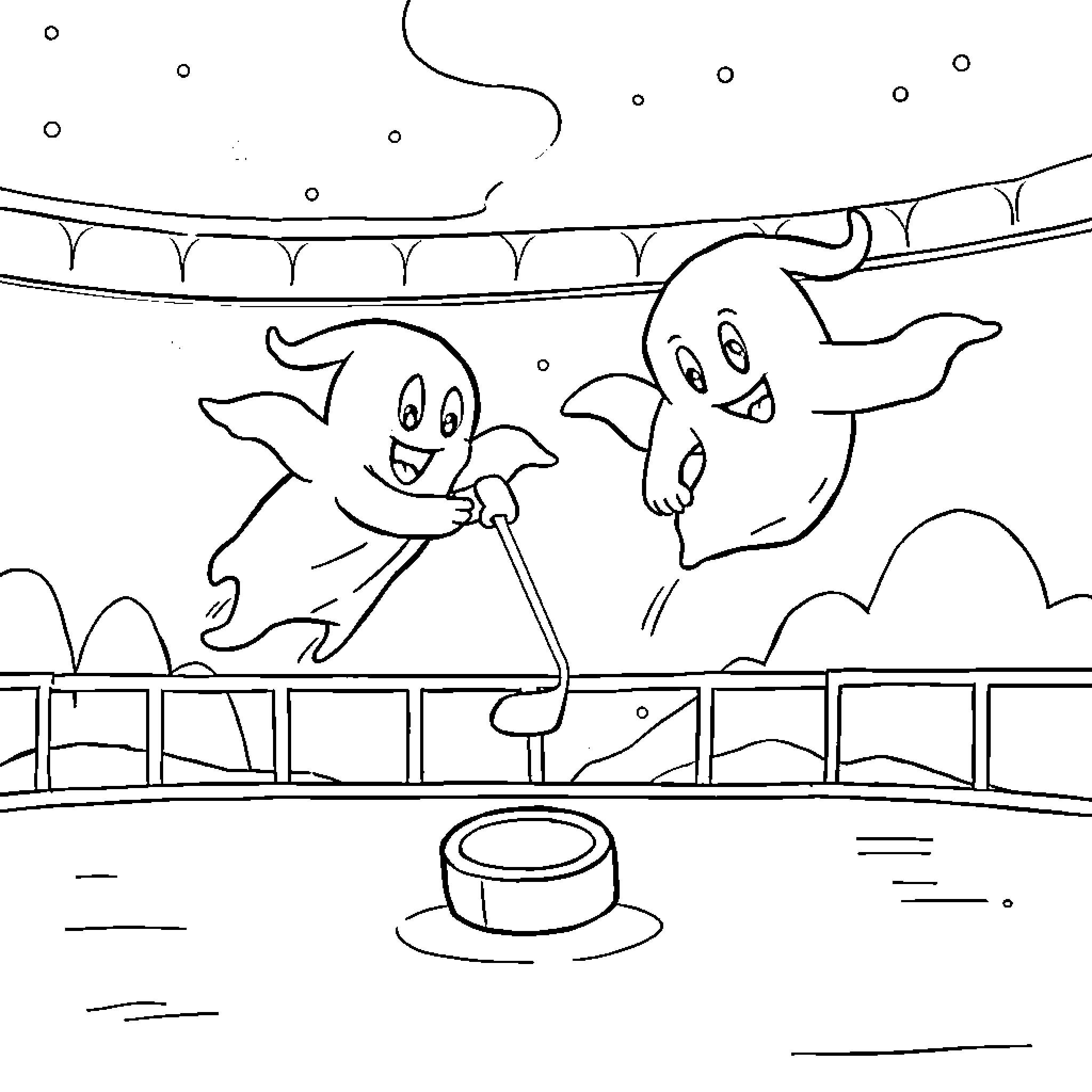 Ghost Figures Playing in a Circus Arena Coloring Page (free black-and-white line drawing printable PDF for all, from beginners to advanced learners, including children, teens, adults, and seniors)