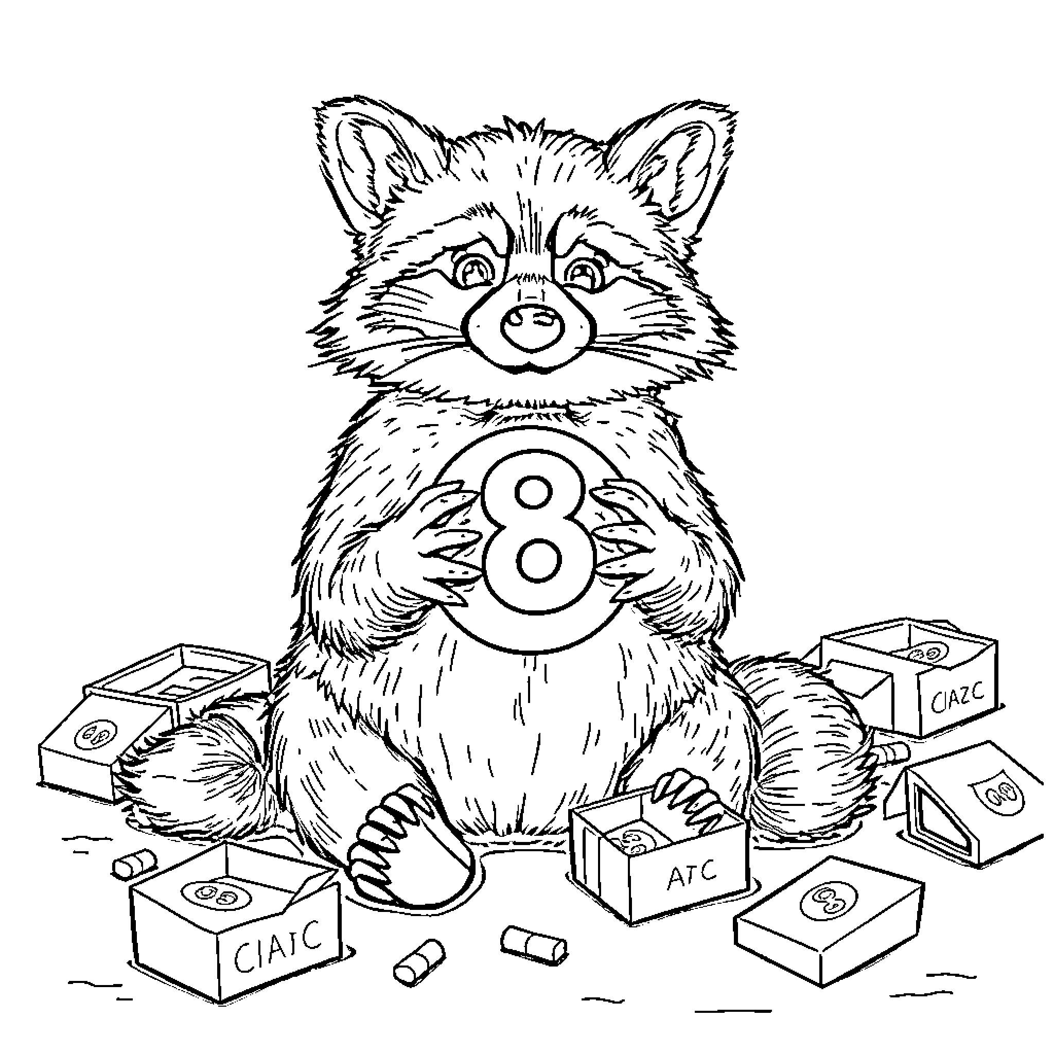 Raccoon playing with numbered objects Coloring Page (free black-and-white line drawing printable PDF for all, from beginners to advanced learners, including children, teens, adults, and seniors)