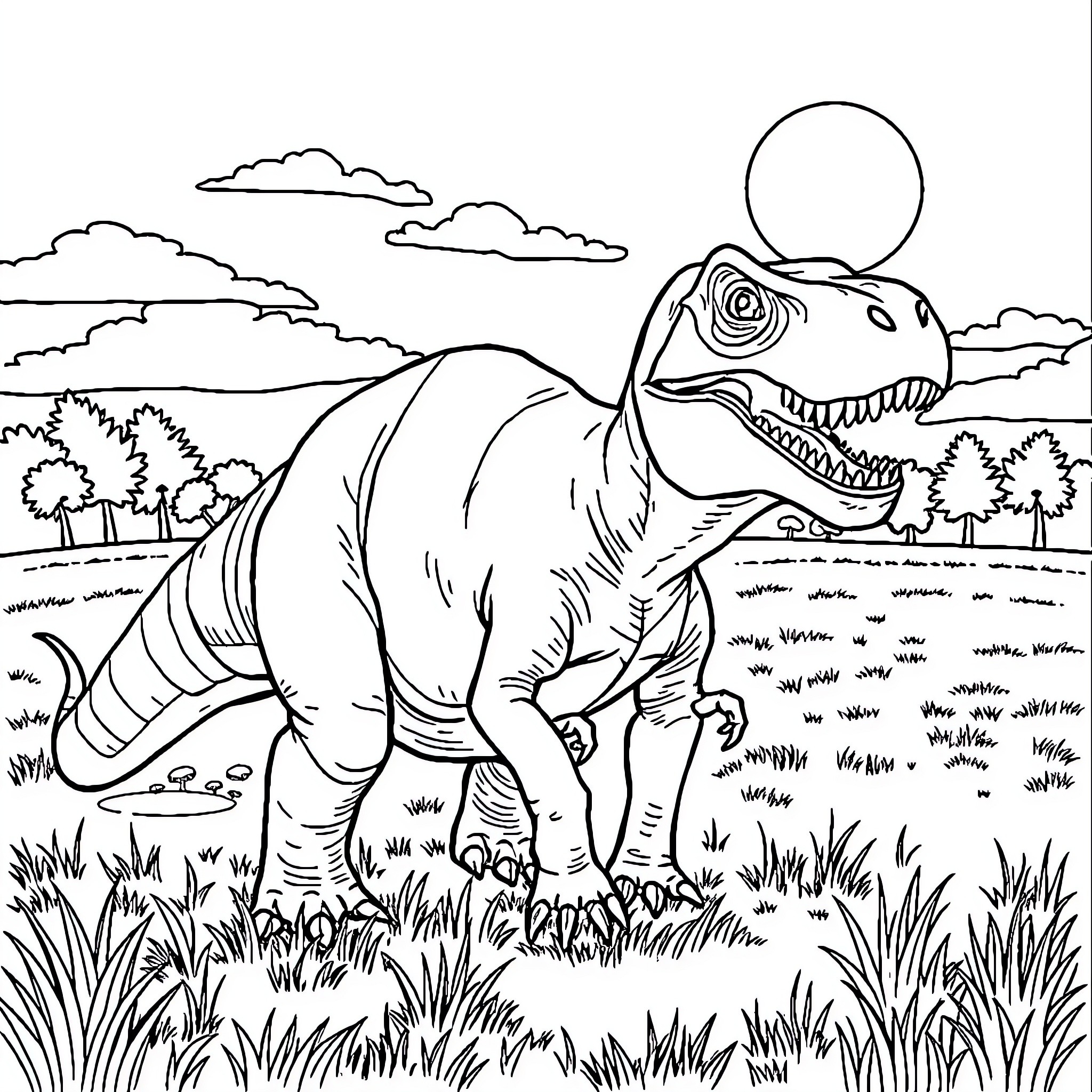 Dinosaur roaming in the prehistoric landscape Coloring Page (free black-and-white line drawing printable PDF for all, from beginners to advanced learners, including children, teens, adults, and seniors)