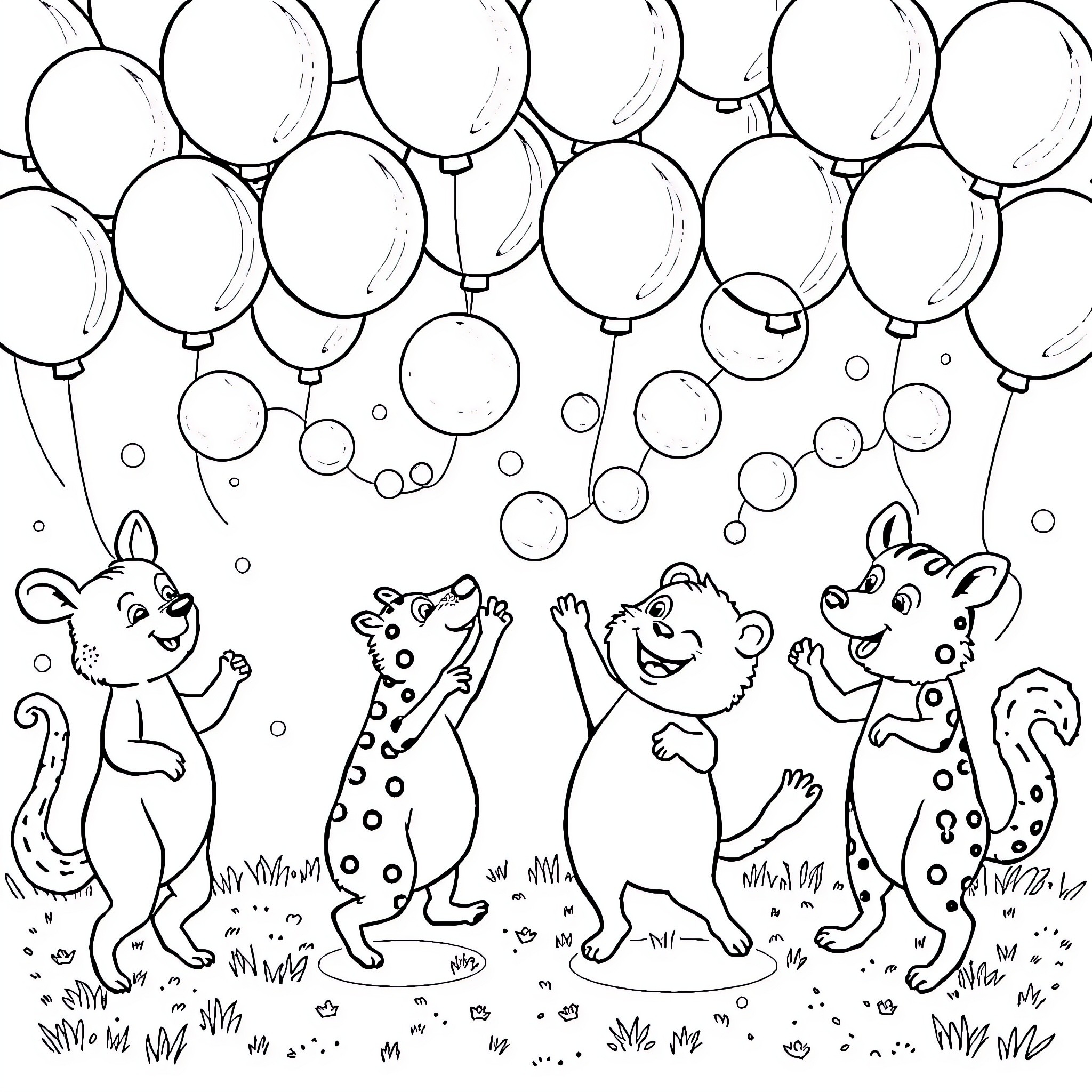 Animal friends celebrating with balloons Coloring Page (free black-and-white line drawing printable PDF for all, from beginners to advanced learners, including children, teens, adults, and seniors)
