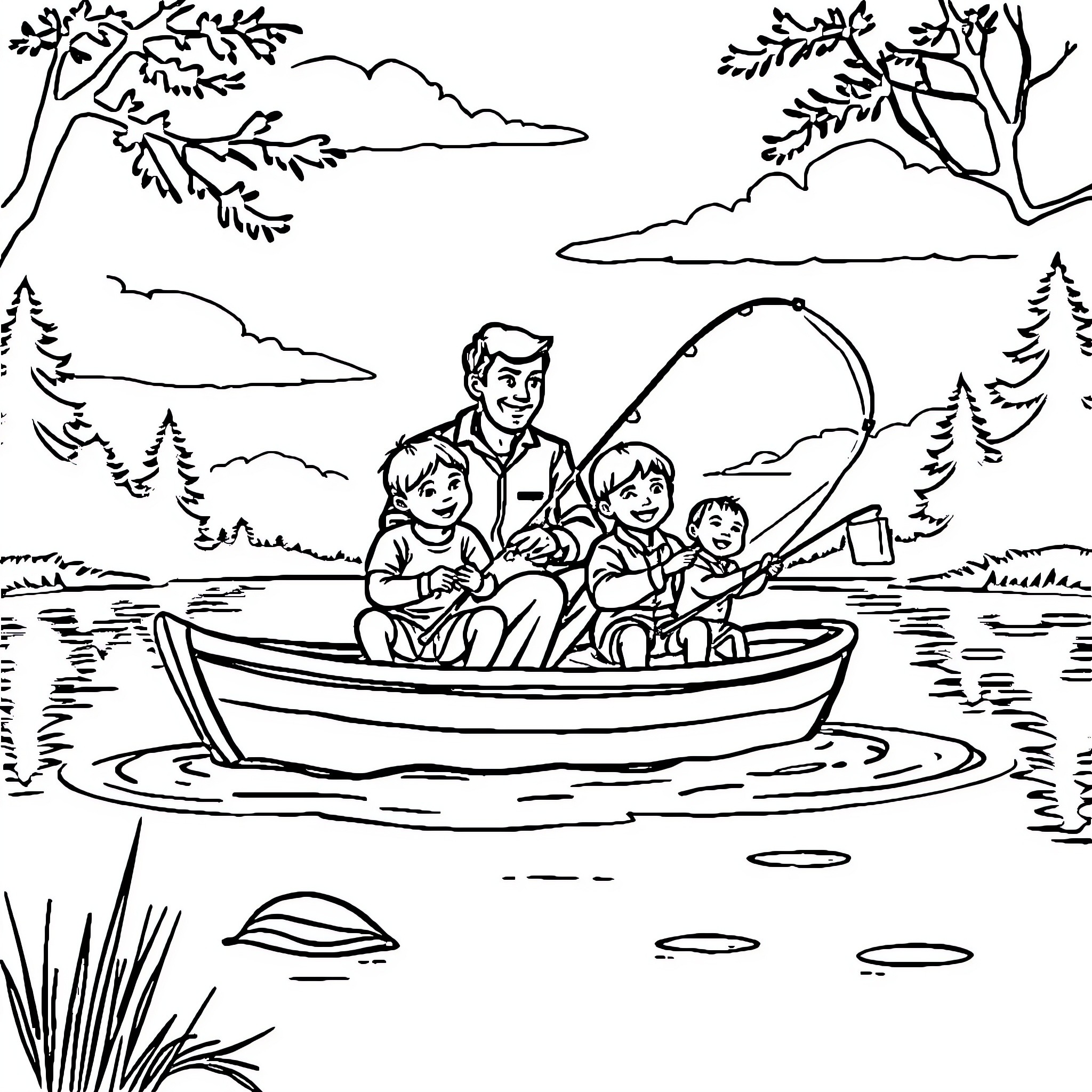 Family fishing together on a boat in nature Coloring Page (free black-and-white line drawing printable PDF for all, from beginners to advanced learners, including children, teens, adults, and seniors)