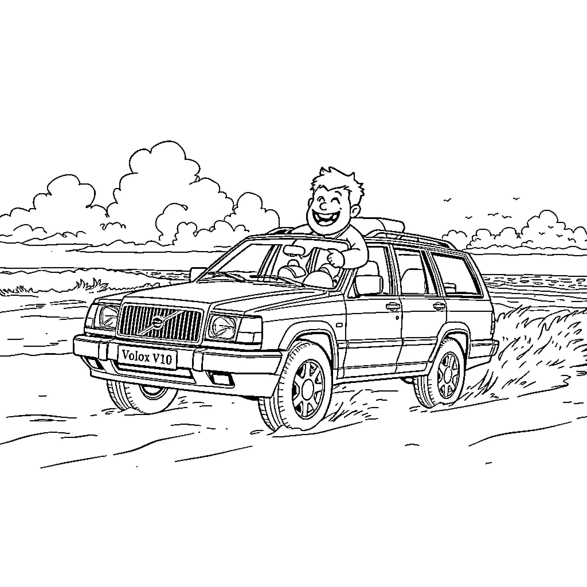 Olof enjoying an off-road adventure in his vehicle Coloring Page (free black-and-white line drawing printable PDF for all, from beginners to advanced learners, including children, teens, adults, and seniors)