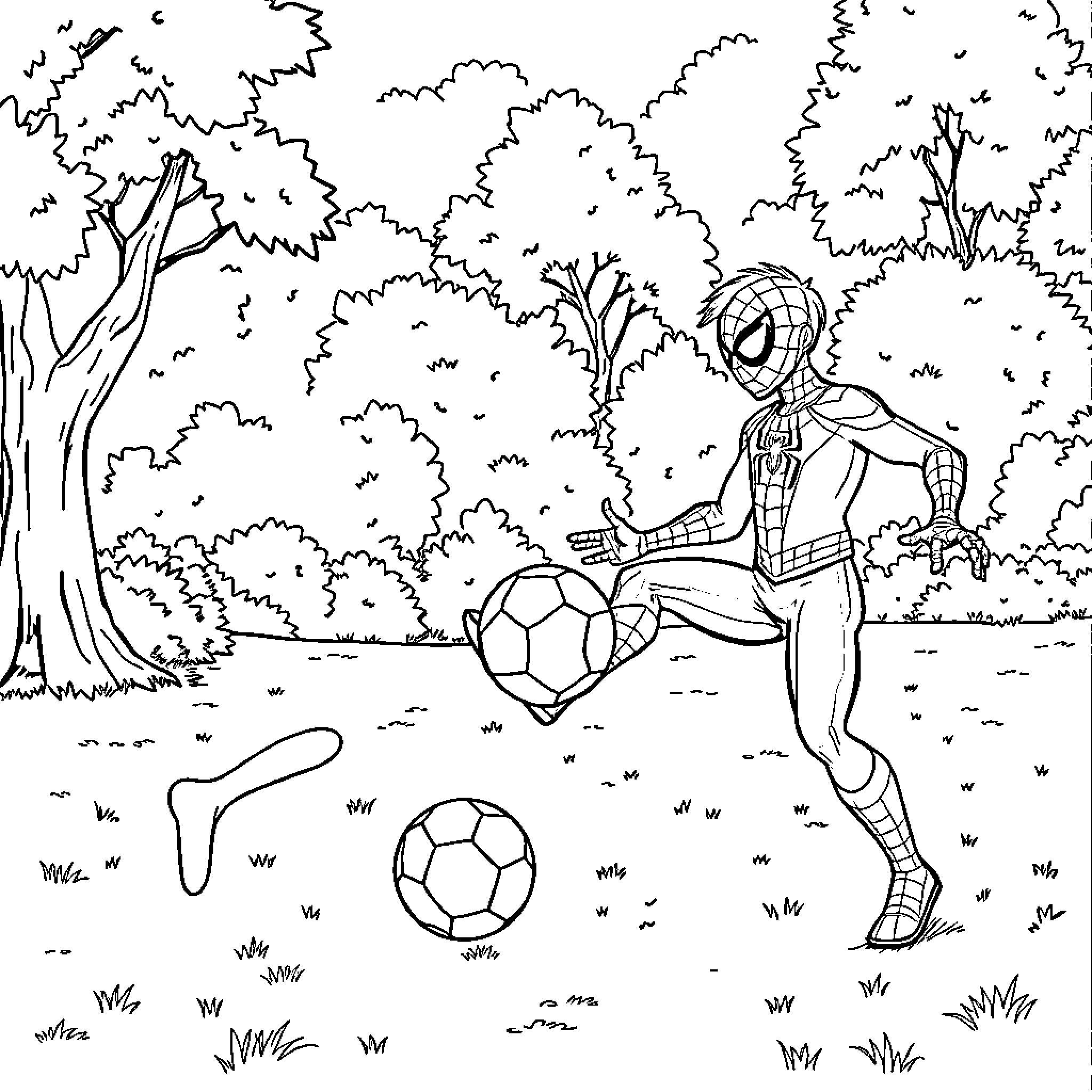 Spiderman playing soccer in the forest Coloring Page (free black-and-white line drawing printable PDF for all, from beginners to advanced learners, including children, teens, adults, and seniors)