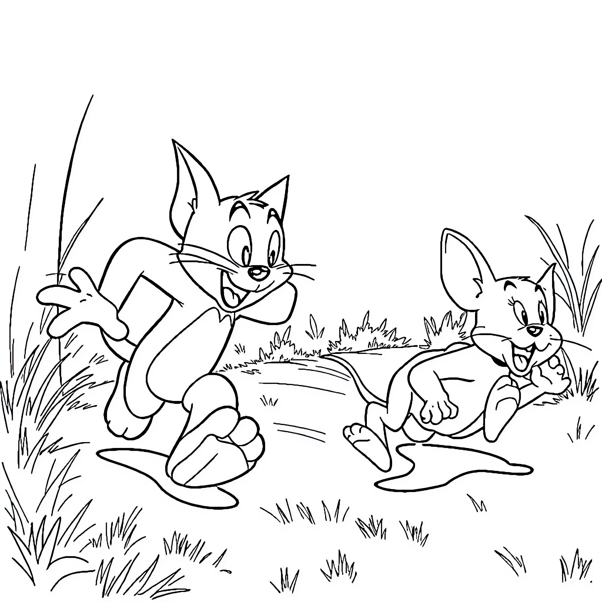 Tom and Jerry Chasing Adventure in the Wild Coloring Page (free black-and-white line drawing printable PDF for all, from beginners to advanced learners, including children, teens, adults, and seniors)