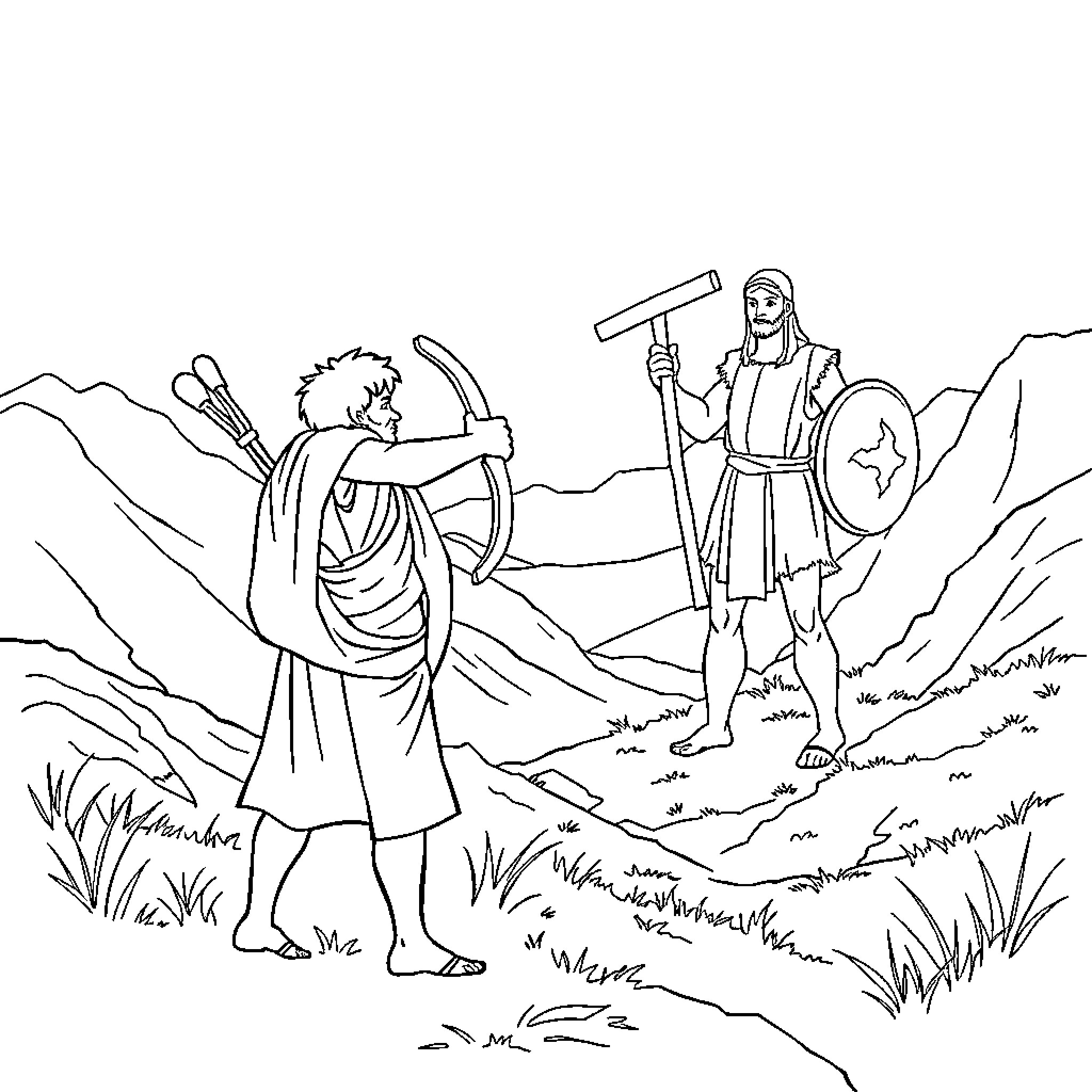 David and Goliath: Shepherd's Slingshot Challenge Coloring Page (free black-and-white line drawing printable PDF for all, from beginners to advanced learners, including children, teens, adults, and seniors)