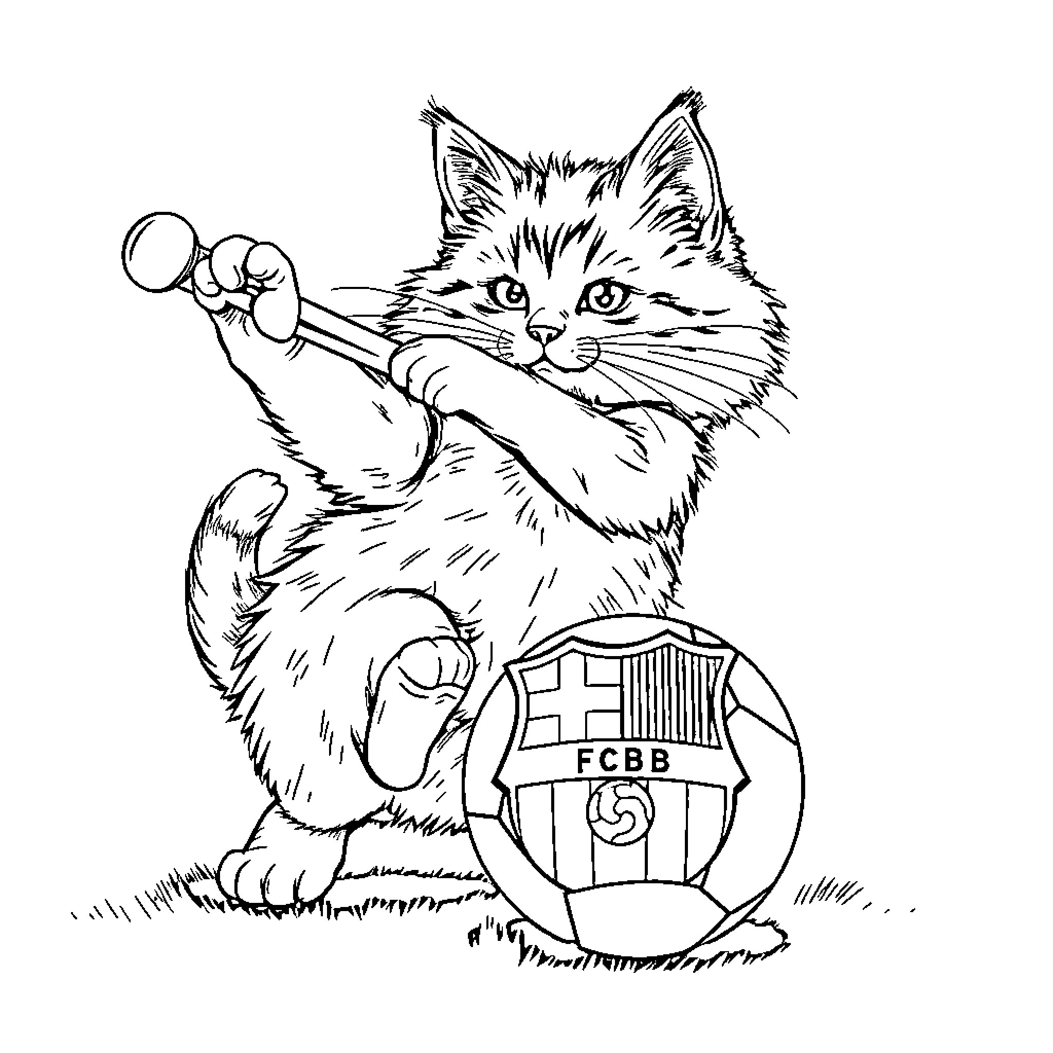 Cat playing with soccer ball and jersey Coloring Page (free black-and-white line drawing printable PDF for all, from beginners to advanced learners, including children, teens, adults, and seniors)