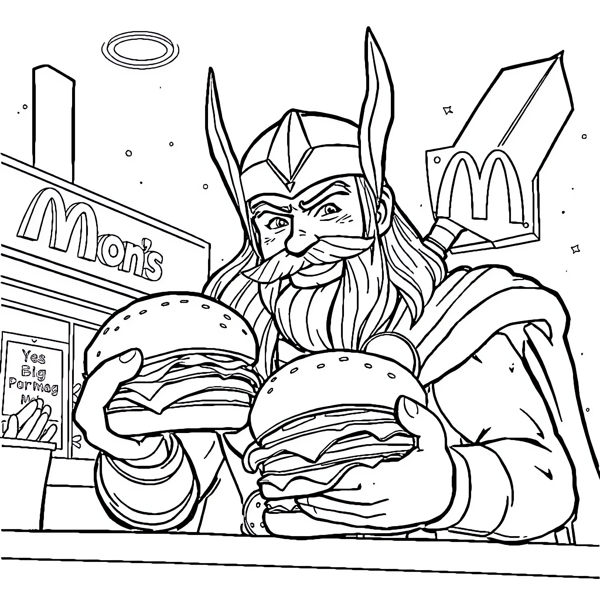 Thor Enjoys a Delightful Fast Food Meal Coloring Page (free black-and-white line drawing printable PDF for all, from beginners to advanced learners, including children, teens, adults, and seniors)