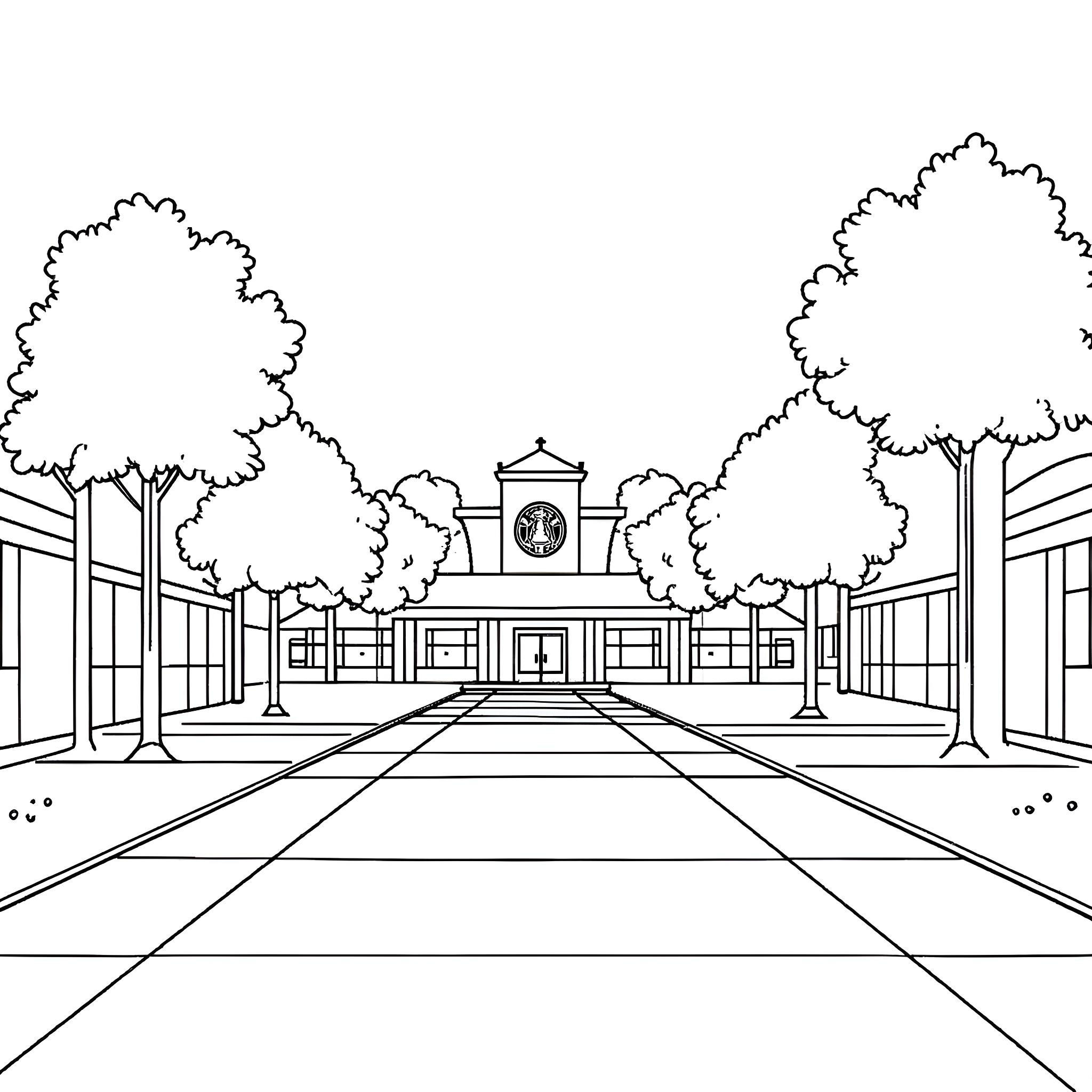 Florida A&M University campus scene with buildings and trees Coloring Page (free black-and-white line drawing printable PDF for all, from beginners to advanced learners, including children, teens, adults, and seniors)