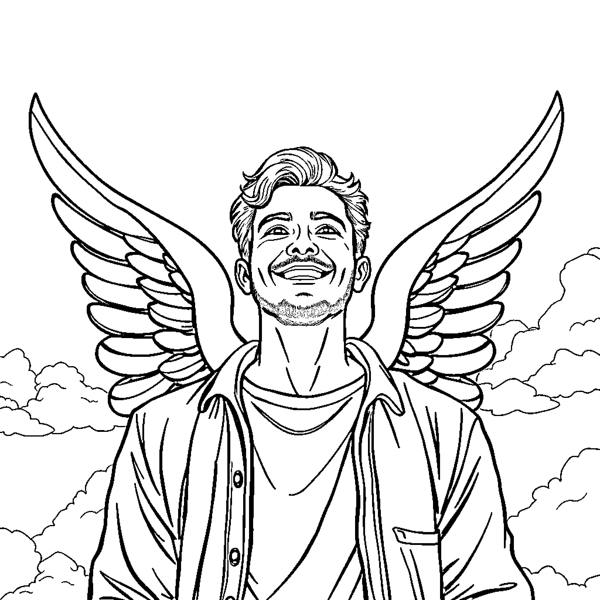 Angel with Radiant Wings and Joyful Expression Coloring Page (free black-and-white line drawing printable PDF for all, from beginners to advanced learners, including children, teens, adults, and seniors)