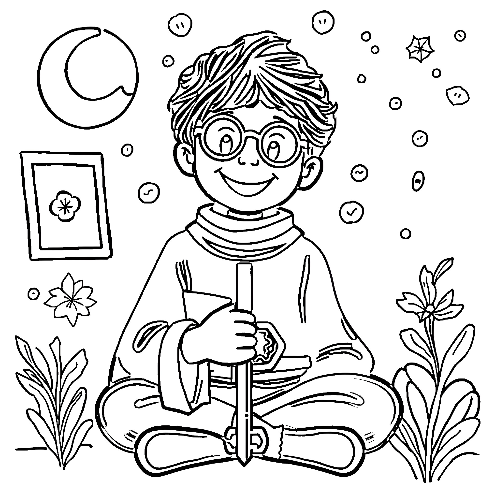 Instructional Routine of a Curious Student Studying Coloring Page (free black-and-white line drawing printable PDF for all, from beginners to advanced learners, including children, teens, adults, and seniors)