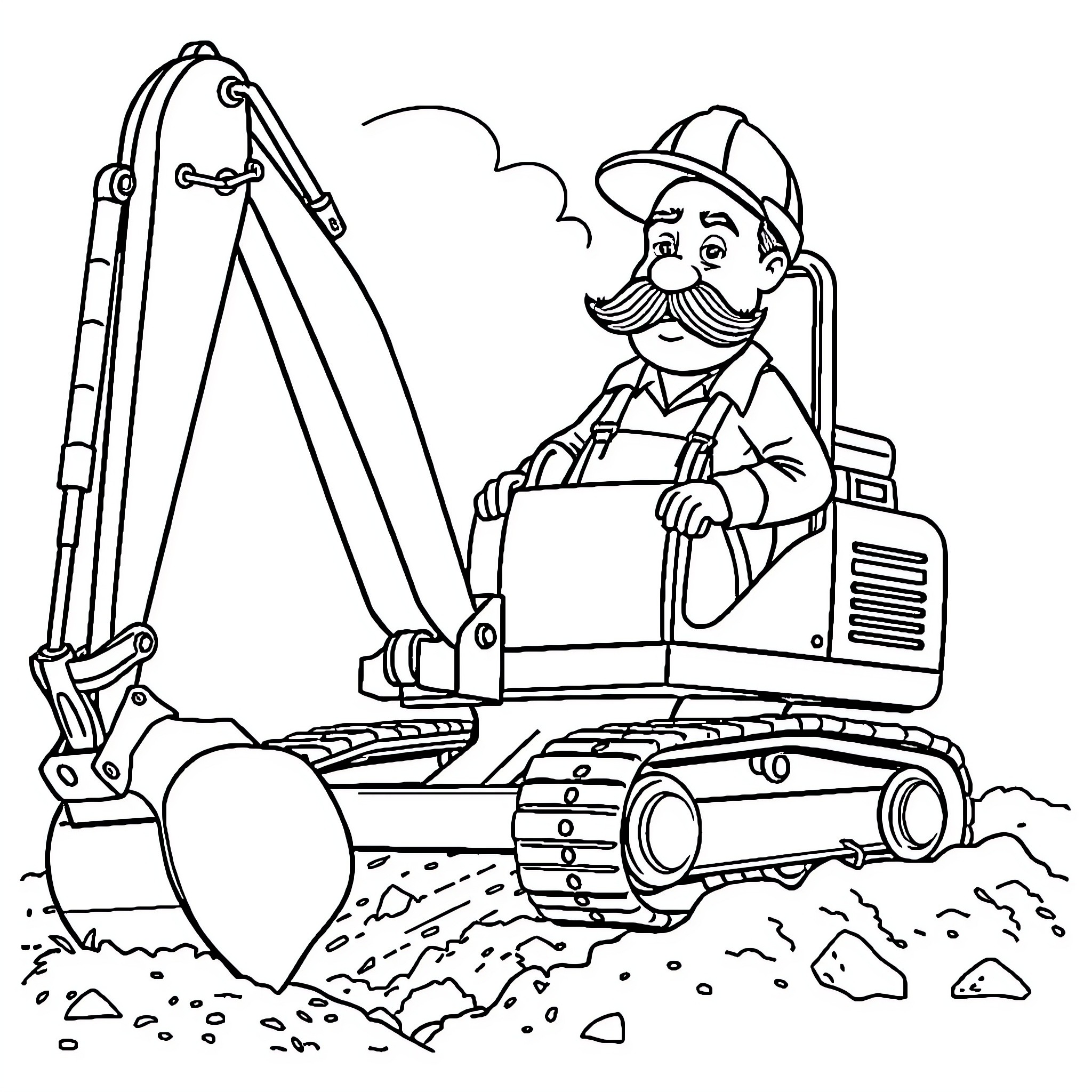 Worker Operating Heavy Machinery on Construction Site Coloring Page (free black-and-white line drawing printable PDF for all, from beginners to advanced learners, including children, teens, adults, and seniors)