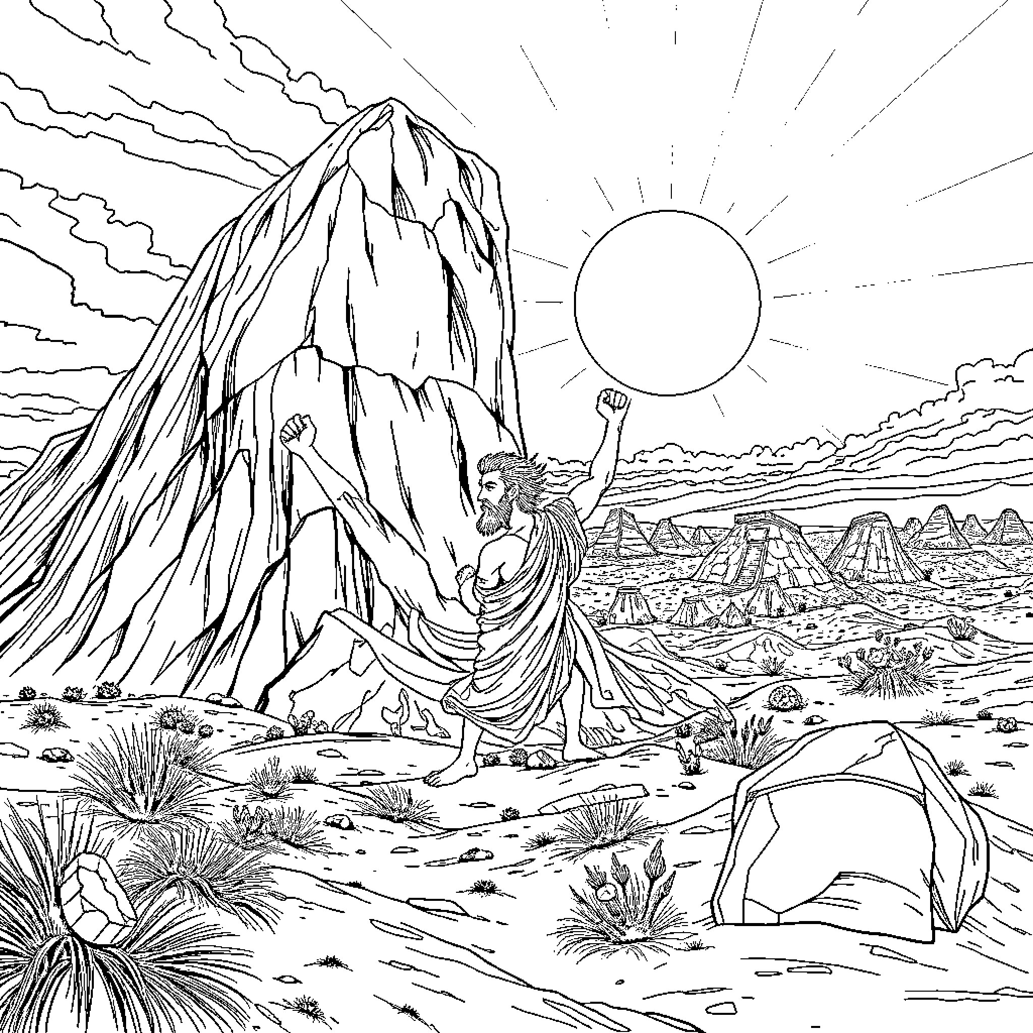 Hercules Triumphant in the Desert Wilderness Coloring Page (free black-and-white line drawing printable PDF for all, from beginners to advanced learners, including children, teens, adults, and seniors)