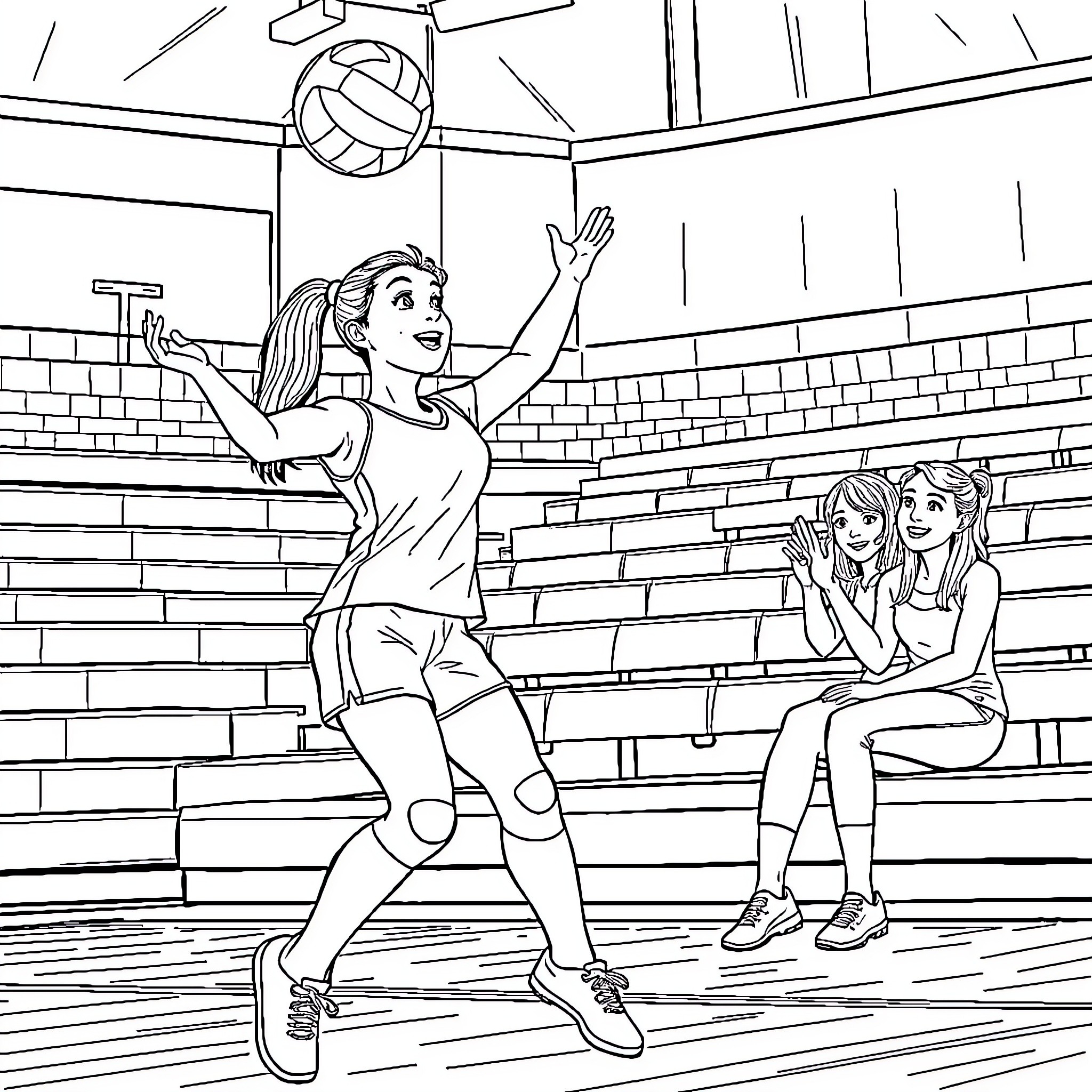 Teenager playing volleyball in a gym Coloring Page (free black-and-white line drawing printable PDF for all, from beginners to advanced learners, including children, teens, adults, and seniors)
